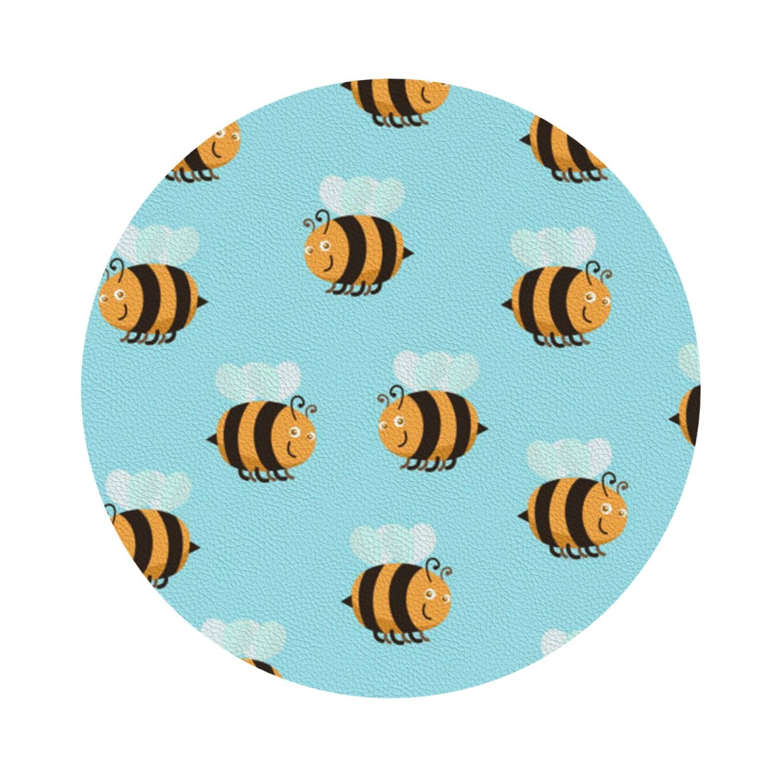 Cartoon Bee Pattern PU Leather Coasters Set of 6 Round Drink Coasters