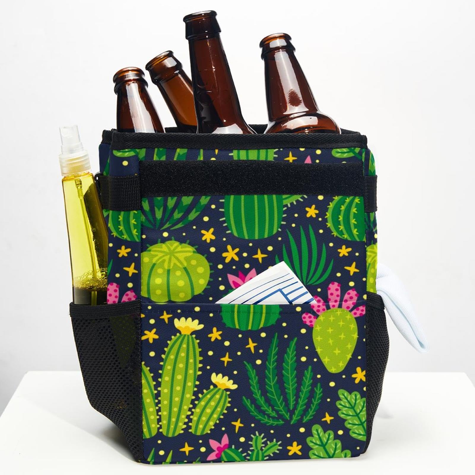 Pattumiera Pieghevole Per Auto Con Stampe Tropicali – Cactus E Fiori – Impermeabile E Antiperdita – Taglia M 28x28x15 Cm