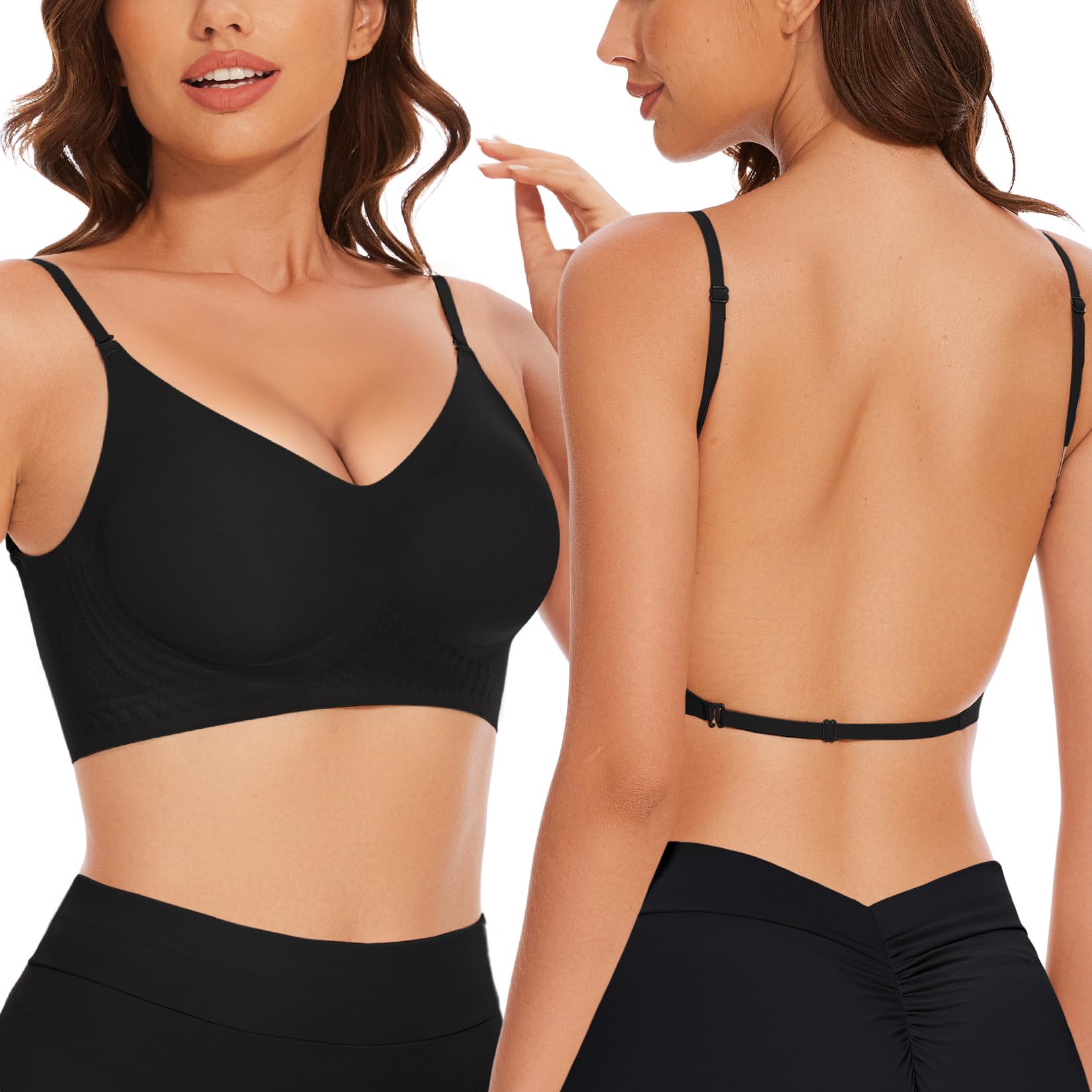 Low Back Bra Seamless Padded Bralettes for Women V Neck Mutiway Bras Halter Thin Straps Invisible Backless Bralette