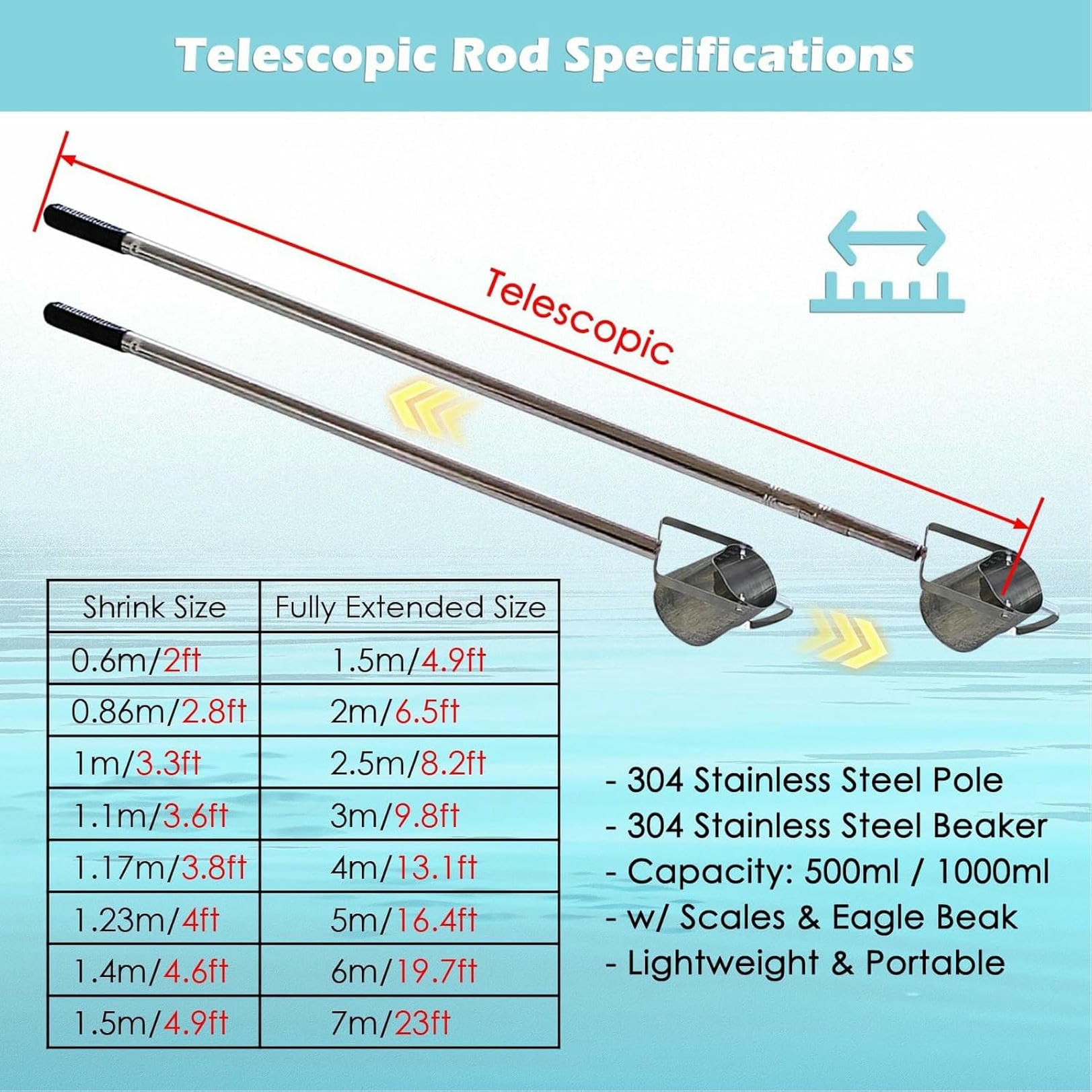 Kit de toma de muestras de agua telescópica con poste de extensión de acero inoxidable y vaso de recogida para pruebas de calidad