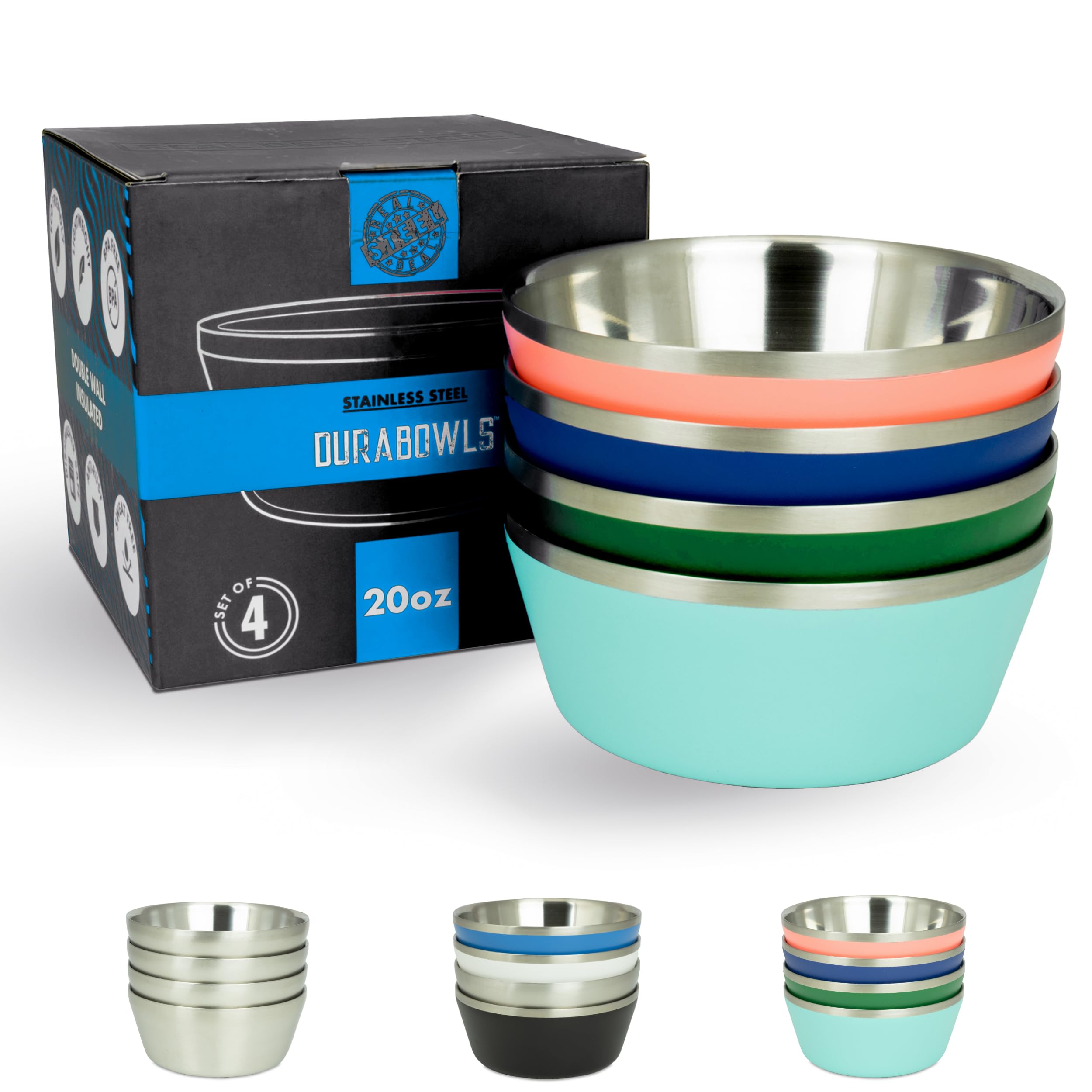 Stainless Steel Insulated Bowls for Kids and Adults - Set of 4-20 Oz Double Wall Metal Bowls for Ice Cream, Soup, Cereal, Snack, Rice Dish, Camping (Assorted 2 (Navy, Green, Teal Blue, Coral))