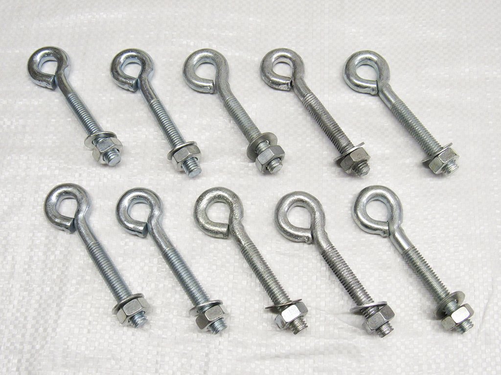 x10 M10 X 100MM Zinc Plated Folded Straining Eyebolts Nut & Washer - Wire Support Fencing Straining