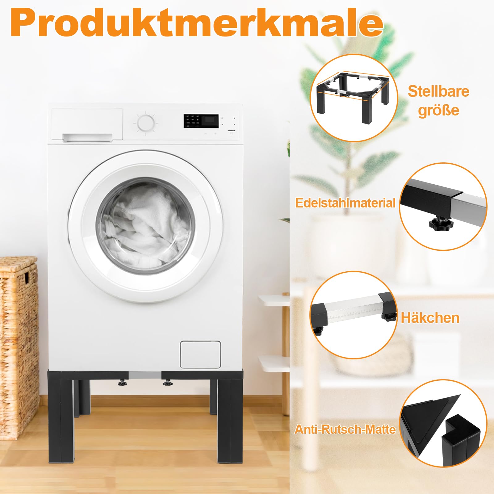 Herrselsam Base ajustable para lavadora, para lavadora, secadora, 50 – 80 cm, con almohadillas antivibración y antideslizantes, capacidad de carga 400 kg, color negro