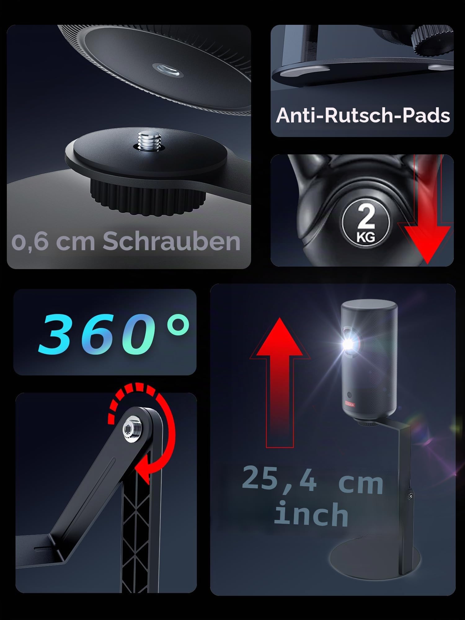 Mini Beamer Ständer Halterung für Nebula Capsule Serie(3/Air/Pro) & XGIMI Halo+, 360° Drehbar, 1/4-Zoll-Schraube, Schwarz