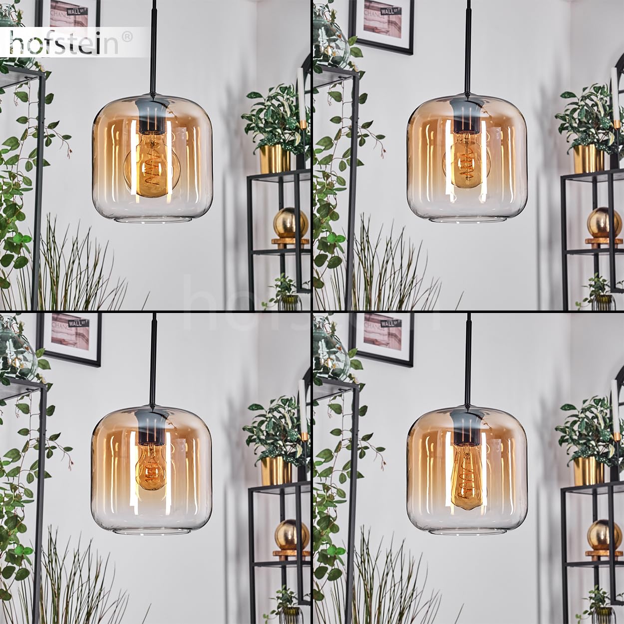 Pendelleuchte Lauden, Pendellampe aus Metall/Glas in Schwarz/Bernsteinfarben/Klar, Leuchte im modernen Retro/Vintage-Design mit Schirmen aus Glas (Ø 20 cm), Höhe max. 150 cm, 3x E27, ohne Leuchtmittel