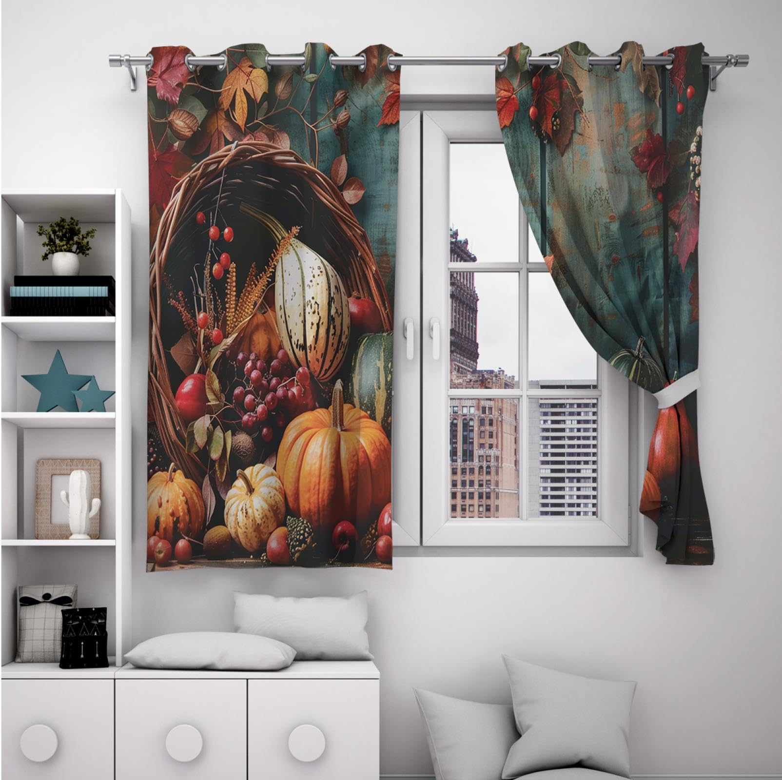 HOBBOY Happy Fall Darkening Curtains Thanksgiving Pumpkin Harvest Print Curtains Fruit & Vegetables Window Drapes for Bedroom Living Room Decor 2X W38xL63in