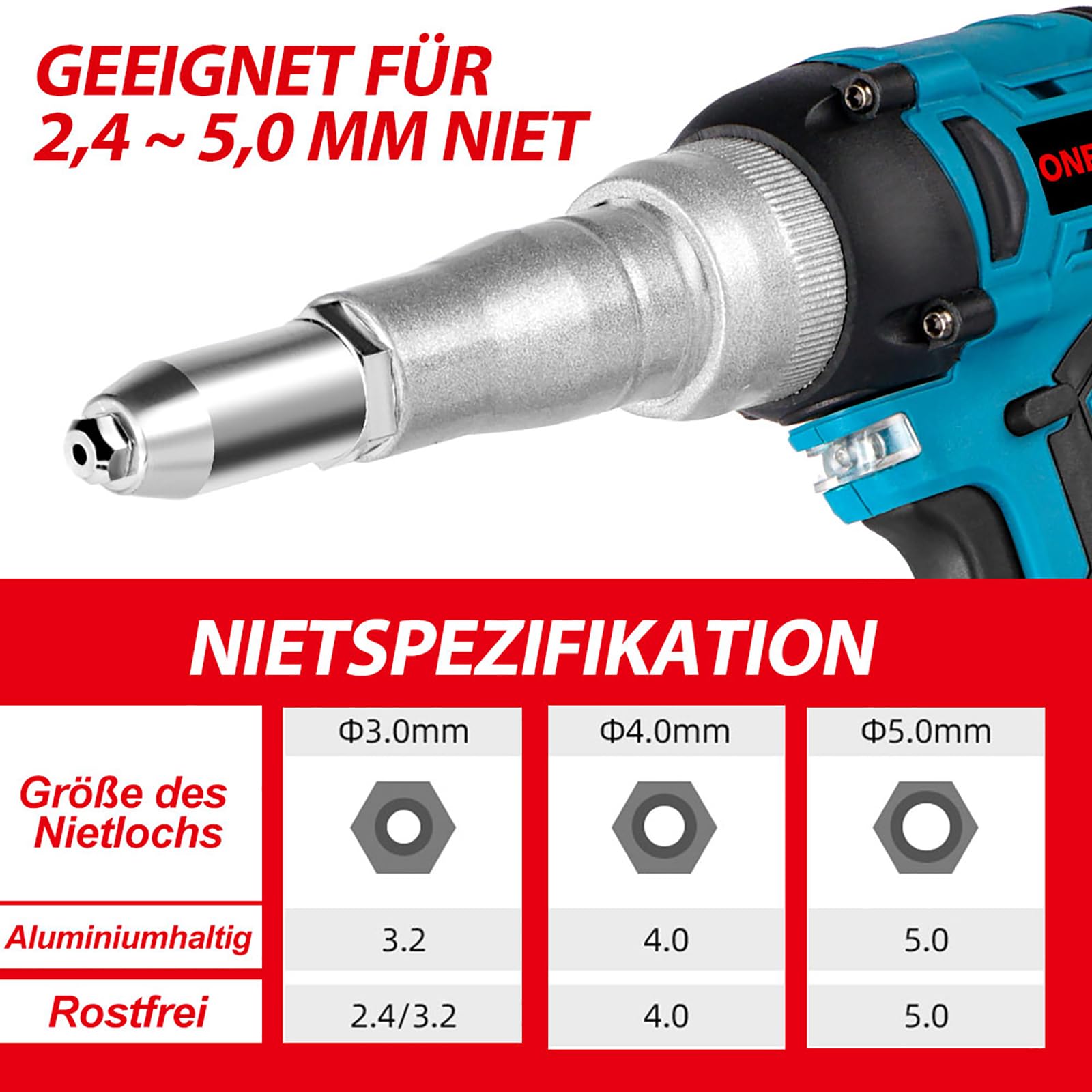 ONEVAN Riveteuse électroportative,Brushless Riveteuse électrique 20000N Avec Deux Batteries,pour Rivets Aveugles 2.4-5.0 Mm