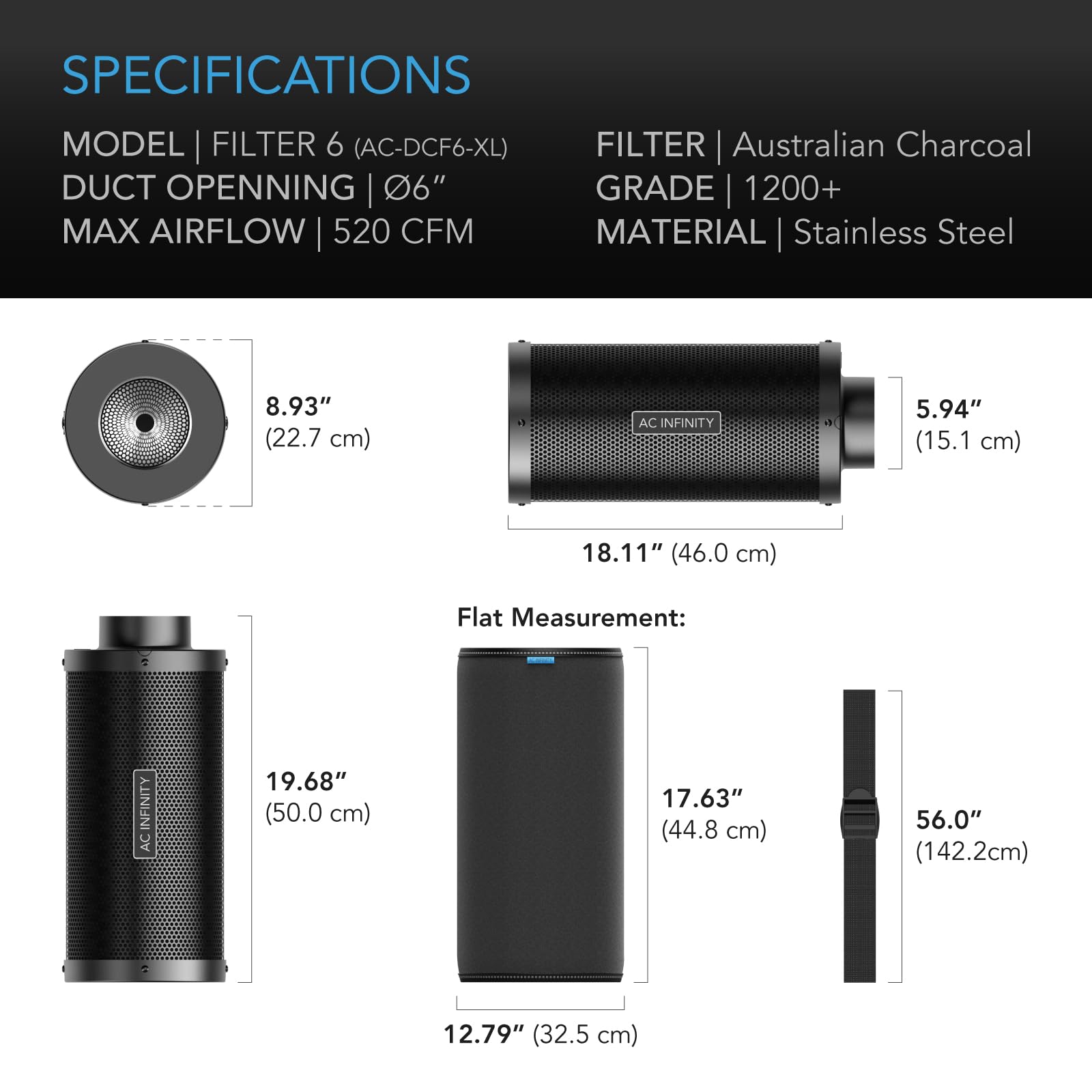 AC Infinity Filtro, 150mm de carbono de aire XL, carbón virgen australiano premium prefiltro colgadores depurador reversible con brida para ventilador en línea control de olores en cultivo hidropónico