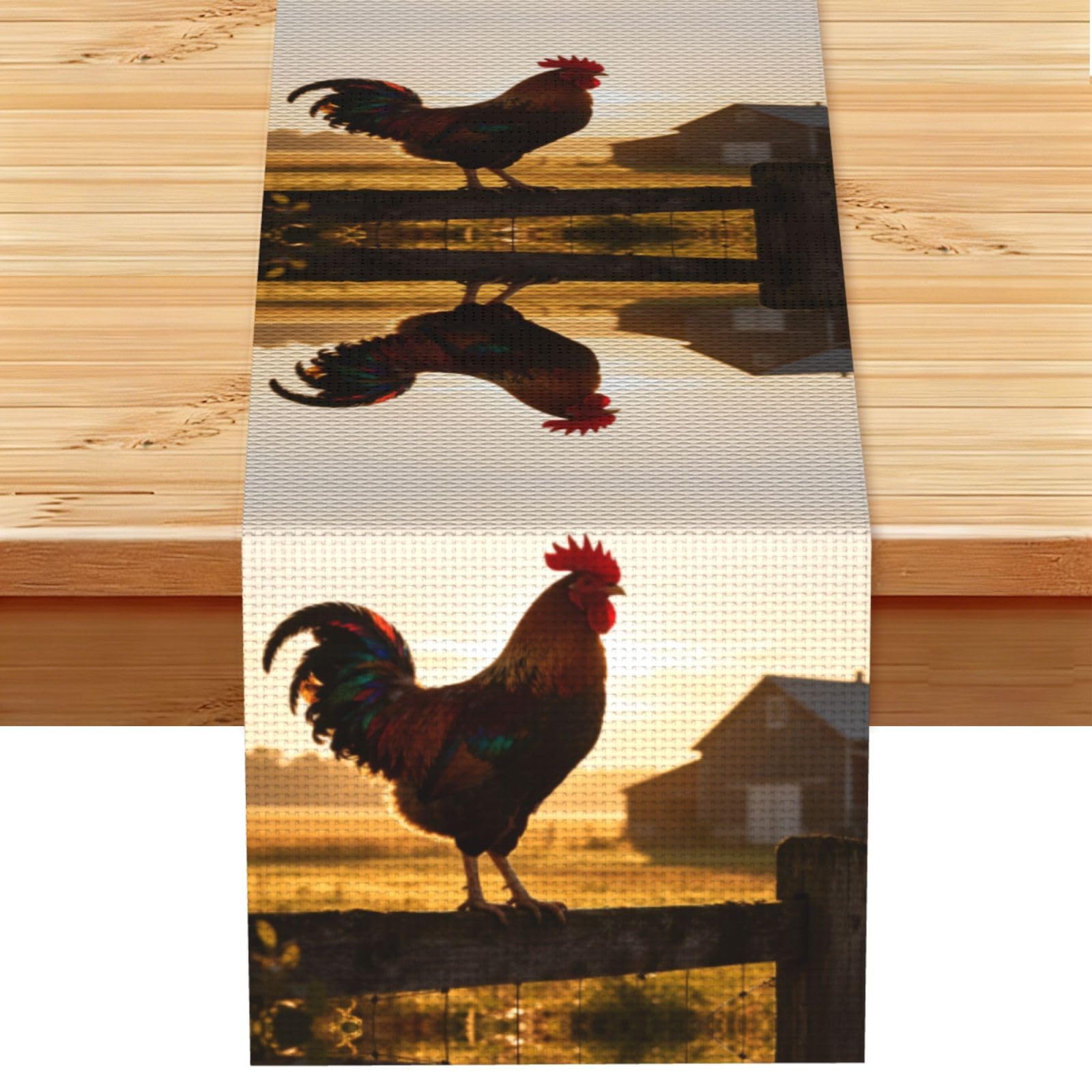 Rooster Farm Silhouette Linen Look Table Runner 13x72-Wrinkle Resistant Farmhouse Style for Dining Table Decor