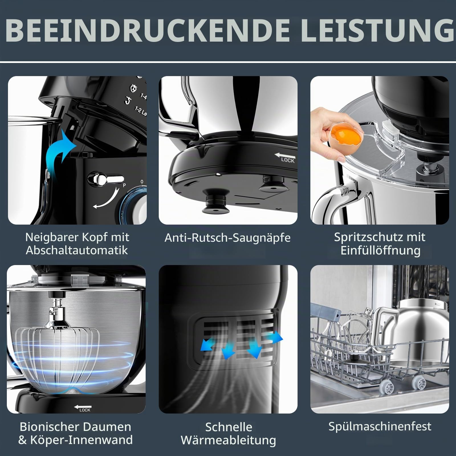 Küchenmaschine Knetmaschine 2000W Teigmaschine Rührmaschine mit 6,5L Edelstahl Schüssel 6 Geschwindigkeiten Geräuscharme Teigknetmaschine inkl Rührbesen, Knethaken, Schläger und Spritzschutz