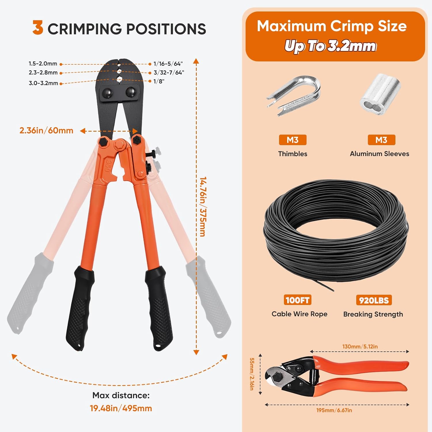 100FT 1/8" Black Coated Stainless Steel Cable with Wire Rope Crimping Tool and Cable Cutter, 920 lbs Breaking Strength, 7x7 Strands Aircraft Cable for Deck Railing, Porch Fence, String Light