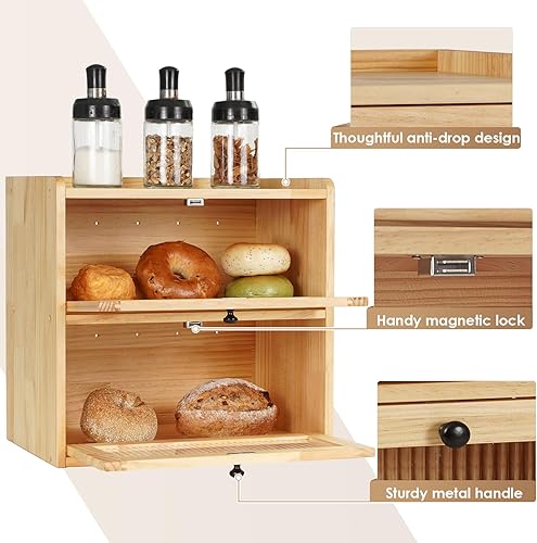Miniatura 3 de Sunhoo Panera para encimera de cocina, contenedor de almacenamiento de pan de madera, contenedor de almacenamiento de pan de 2 capas, soporte de