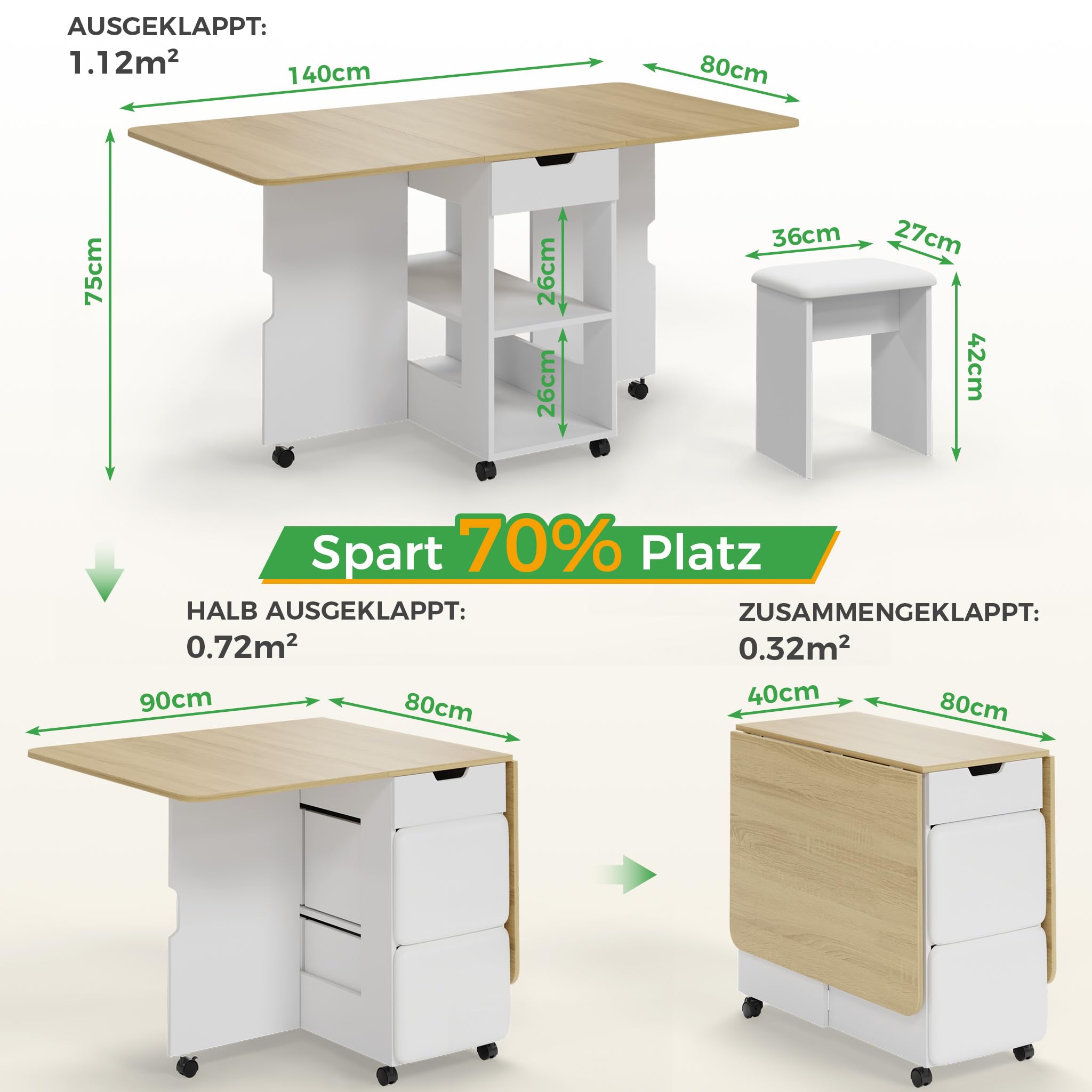 Mondeer Essgruppen, Klappbarer Esstisch mit 4 Stühlen und Schublade, Esstisch Set mit Rollen und 2 Offenen Ablagen, für Kleine Räume Esszimmer Küche, 140 x 80 x 75 cm (Eiche und Weiß)