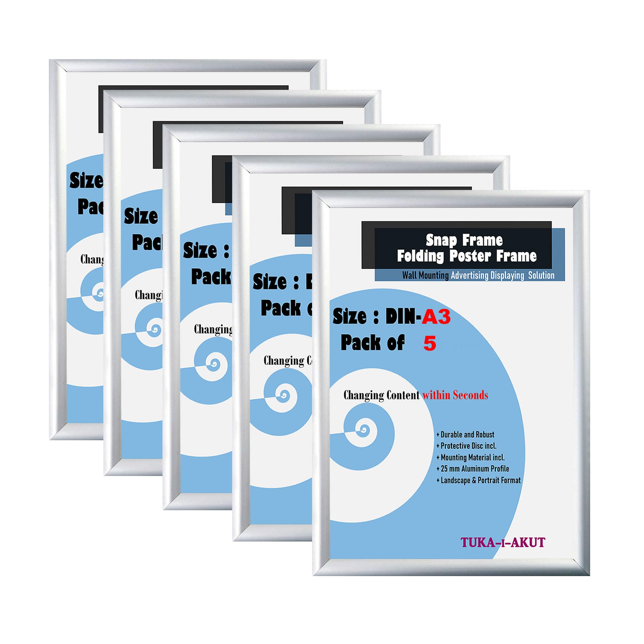 TUKA-i-AKUT 5X A1 Snap Frame Aluminium Poster Frame, 25 mm Aluminium Profiel, Kennisgeving Bord Frame Wandmontage Opvouwbare Frame, Reclame Displays Clip Poster Houders, Zwarte Kleur TKD8420-A1-5X