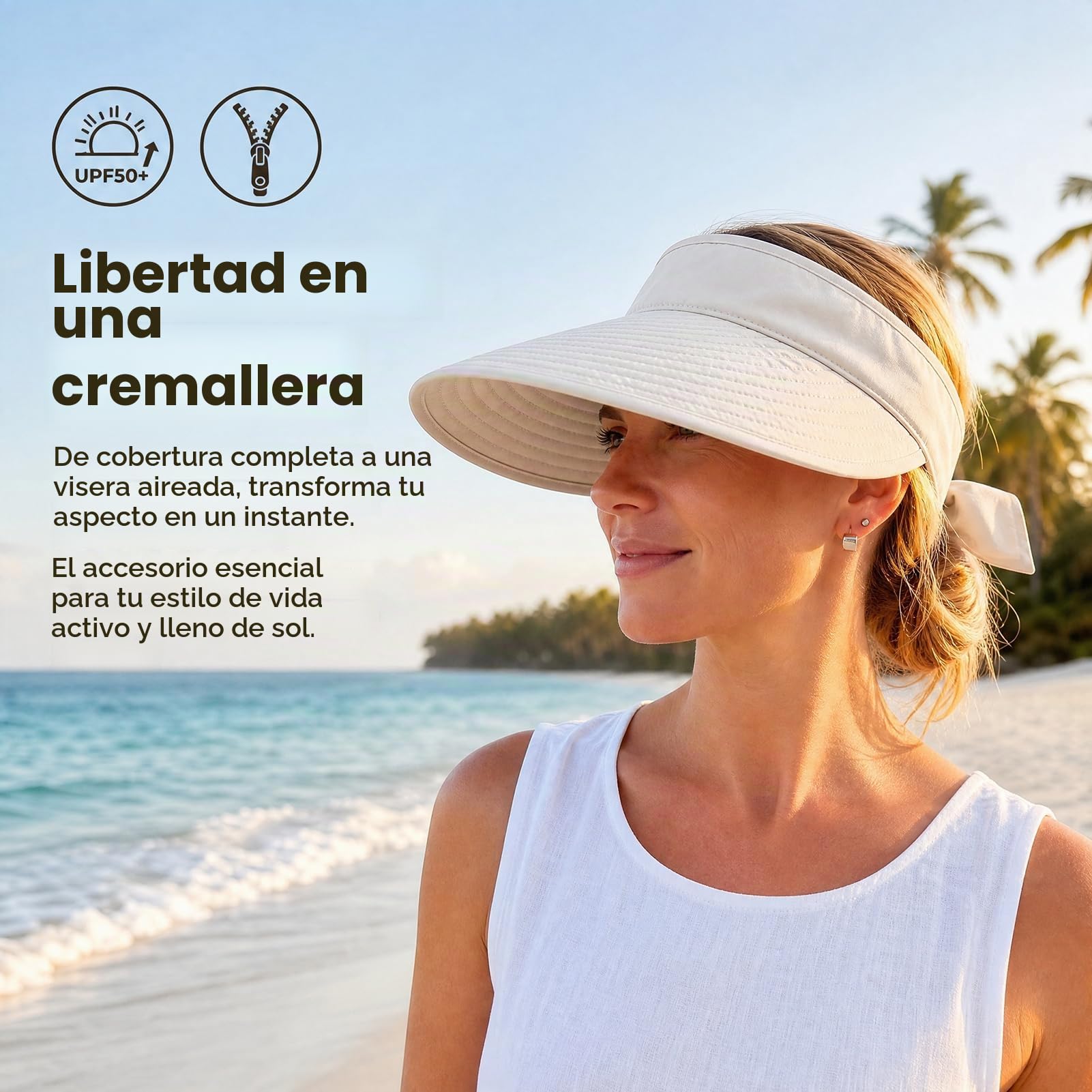 KXF Sombrero de sol para mujer con protección UV, visera plegable de ala ancha con parte superior desmontable, sombreros de sol sin topless para verano, playa, senderismo, ajuste ajustable
