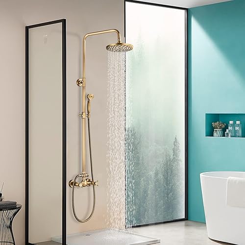 Miniatura 4 de NeierThodore Juego de sistema de grifo de ducha de baño de latón antiguo 8 pulgadas, cabezal de ducha de lluvia de mano, 2 perillas, mezcla