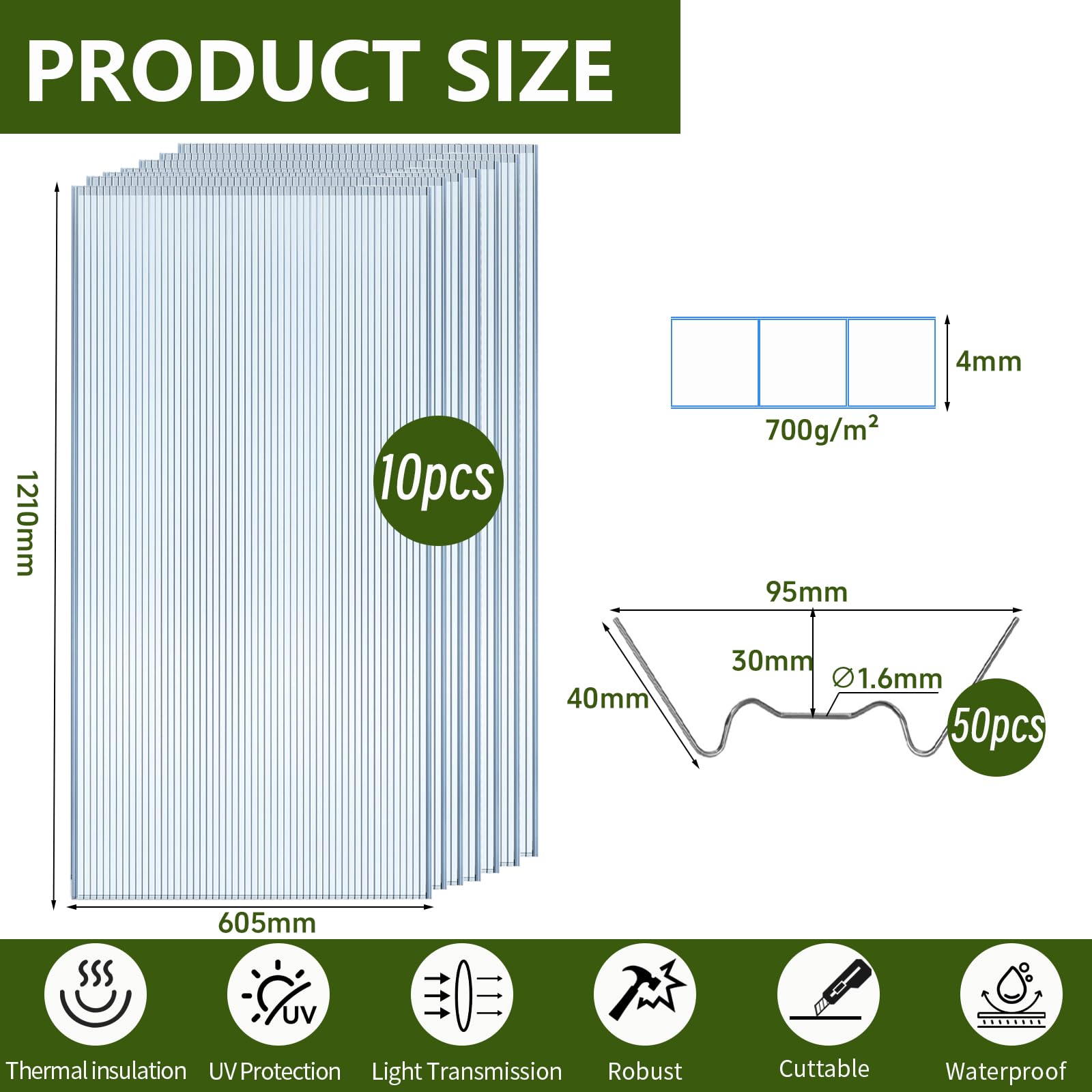 Warmfay 10 planchas alveolares de policarbonato de 4 mm, 1210 x 605 mm, doble puente de 7,32 m², con 50 grapas + 50 clips en Z, recortables, resistentes a los rayos UV, para invernadero, cocheras, etc