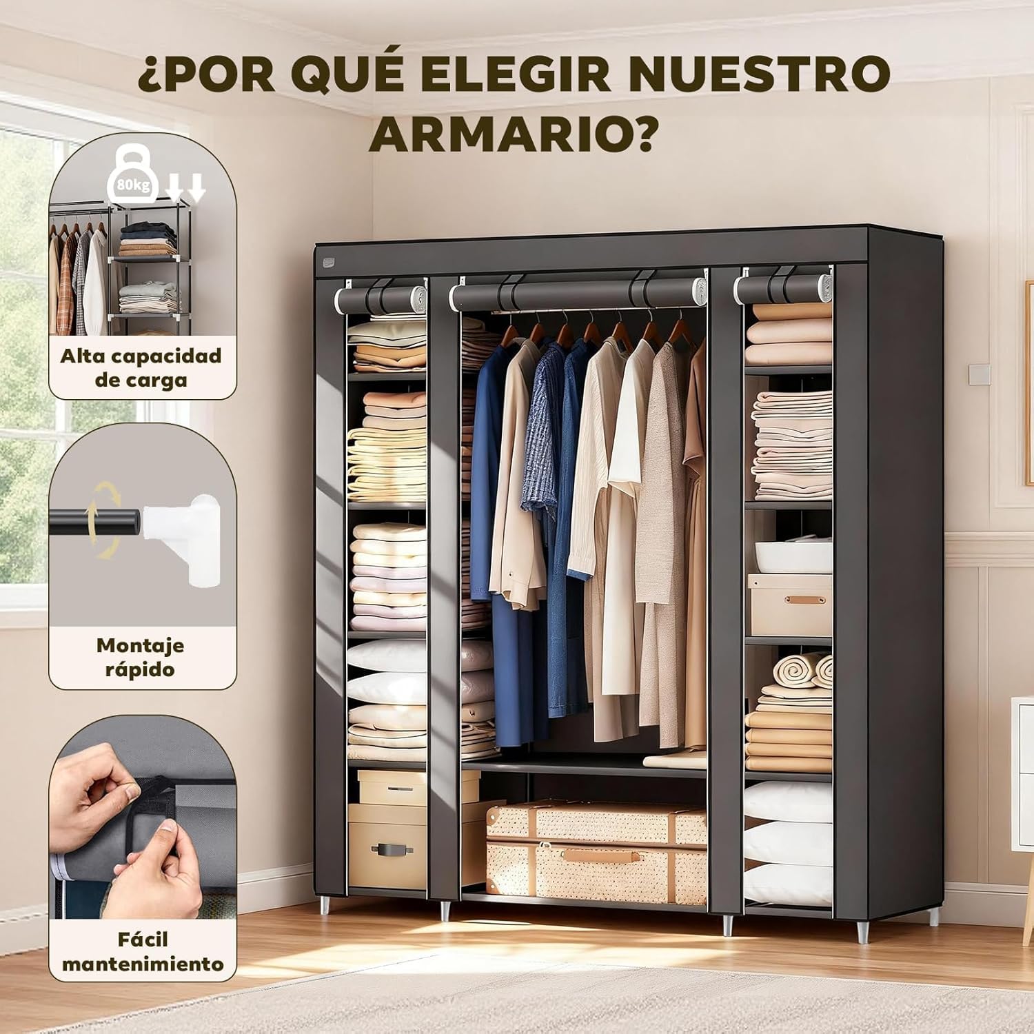 Armario de Tela 12 Compartimentos con Barra Colgador, Guardarropa Estable para Dormitorio, 150x45x175 cm, Gris