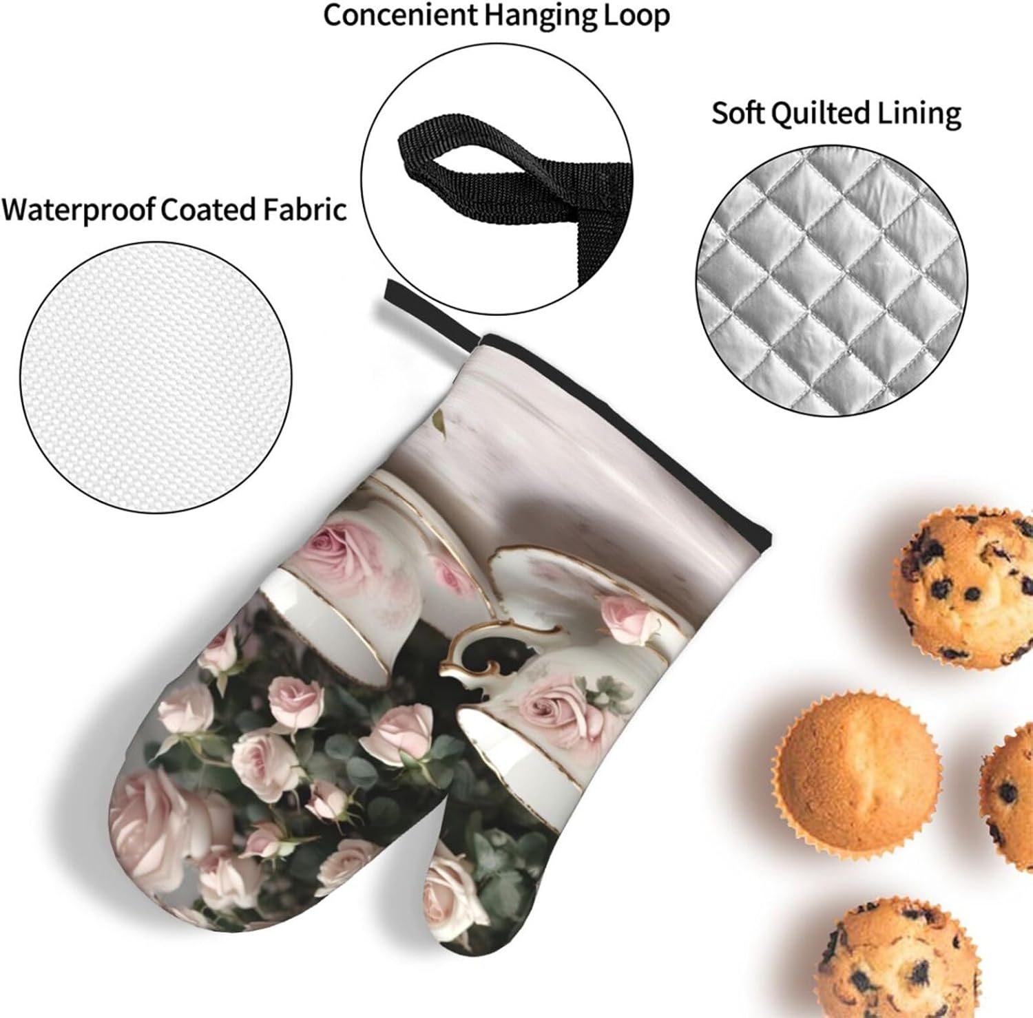 Tea Cups with Roses Romantic Shabby Print Heat Resistant Microwave Gloves, Used for Baking, Cooking, and Fashion Kitchen Essentials