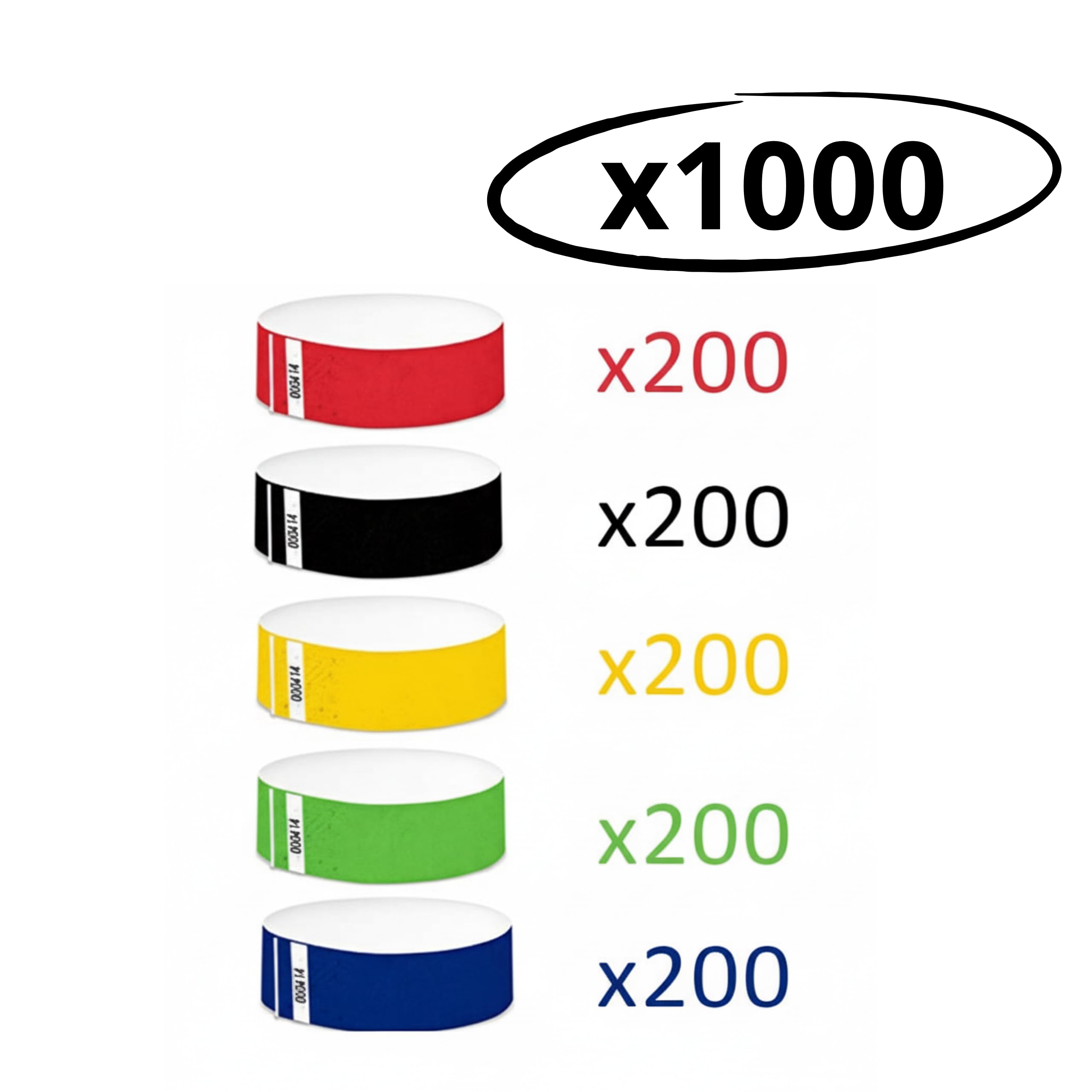 Confezione da 1000 Braccialetti Identificativi Tyvek® 19mm x 258mm. Numerati, Intrasferibili e Resistenti all'Acqua. Braccialetti di Controllo per Eventi (Multicolore)