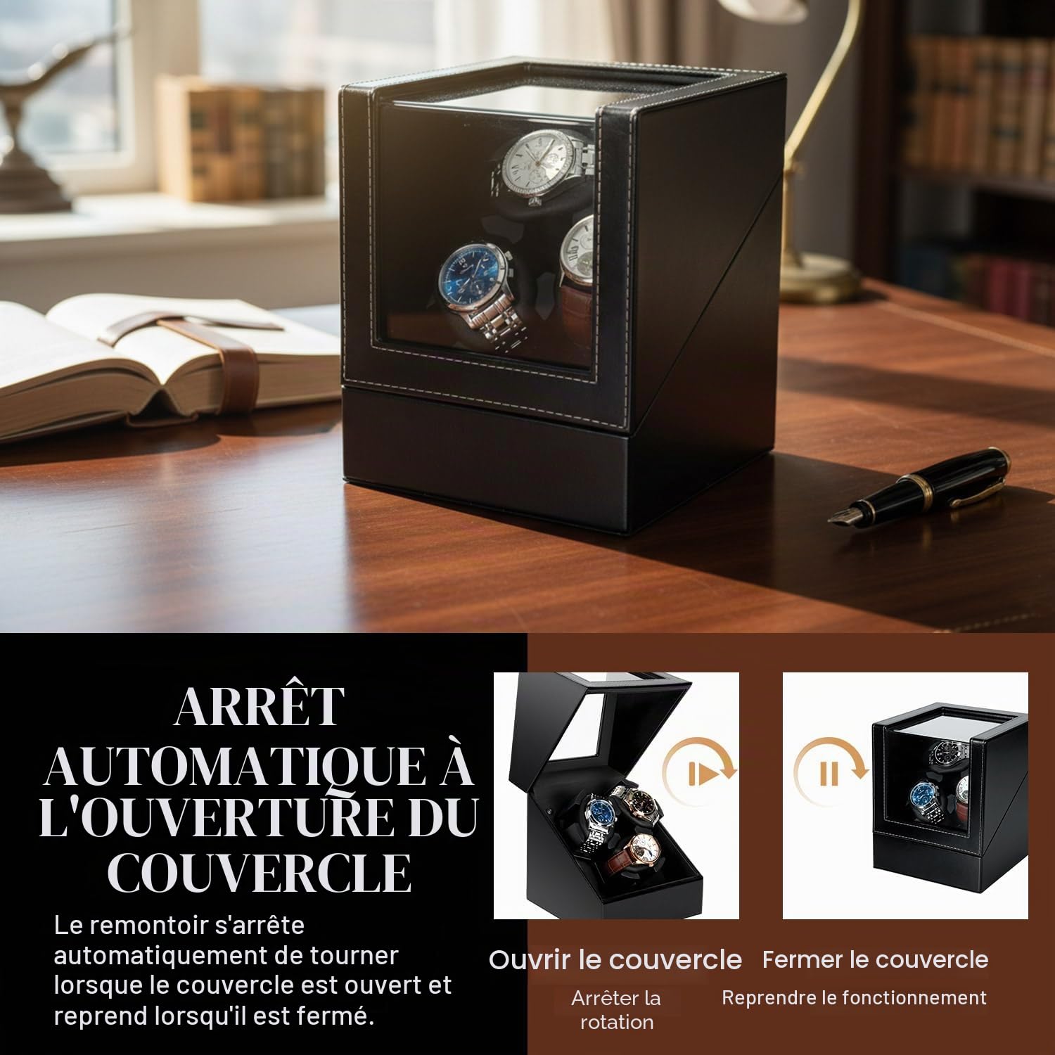 Mcbazel Remontoir Automatique pour Montres - Boîte en Cuir, Moteur Silencieux, 2 Modes de Rotation, Boîte de Présentation pour Collection de Montres