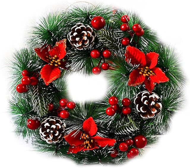 Yzwuyou Christmas Wreath & Garlands 23Cm Diameter Simulation Christmas Door Wreaths With Red Berry, Pine Cones, Pine Needles Artificial Decoration Winter Wreath for Outdoor Indoor Xmas Decor Doors