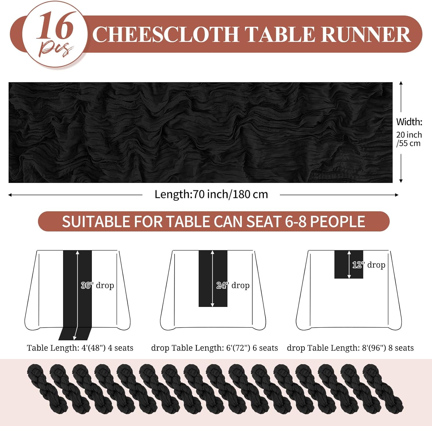 16 Pack Cheesecloth Table Runner Black, 20 x 70 Inch Rustic Boho Gauze Wedding Table Runner, Cheese Cloth Table Runner for Wedding Party Bridal Shower Table Decoration