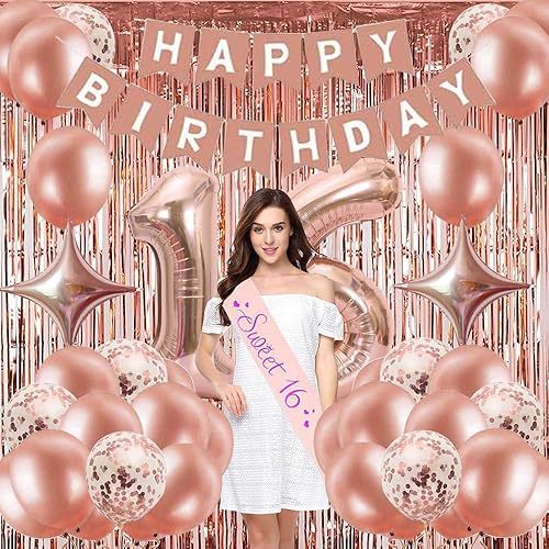 Miniatura 4 de Decoraciones de cumpleaños número 16 para mujer, decoración de fiesta de cumpleaños de 16 años de oro rosa para ella, kits de carteles de feliz