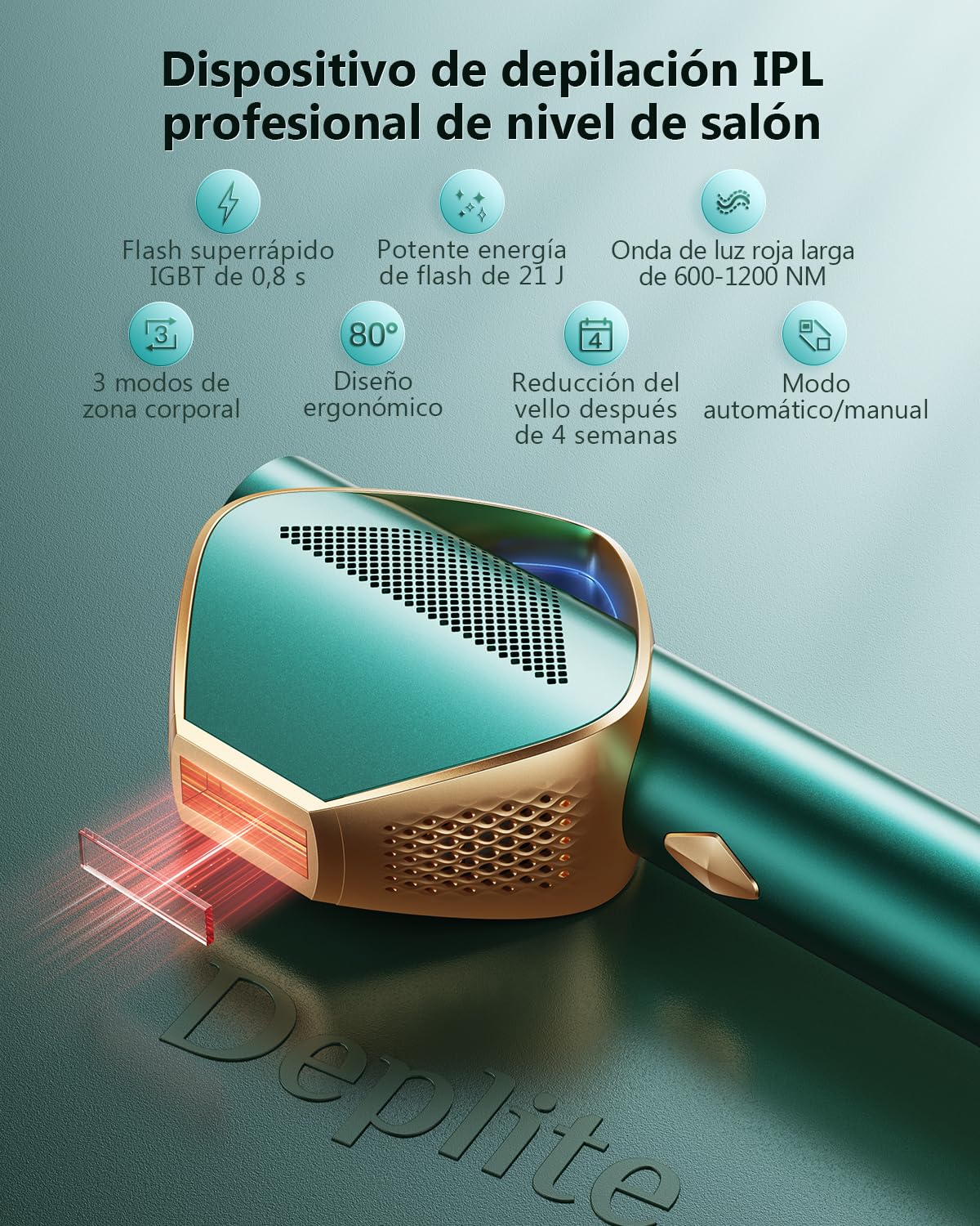 21J Depiladora Laser con Tecnología IGBT Fast Flash de 0,8s, Parpadeo Ilimitado Depiladora Luz Pulsada mujer de 600-1200NM, 3 Unique Modes Laser Depilacion Cara, Bikini, Cuerpo, Oro Verde