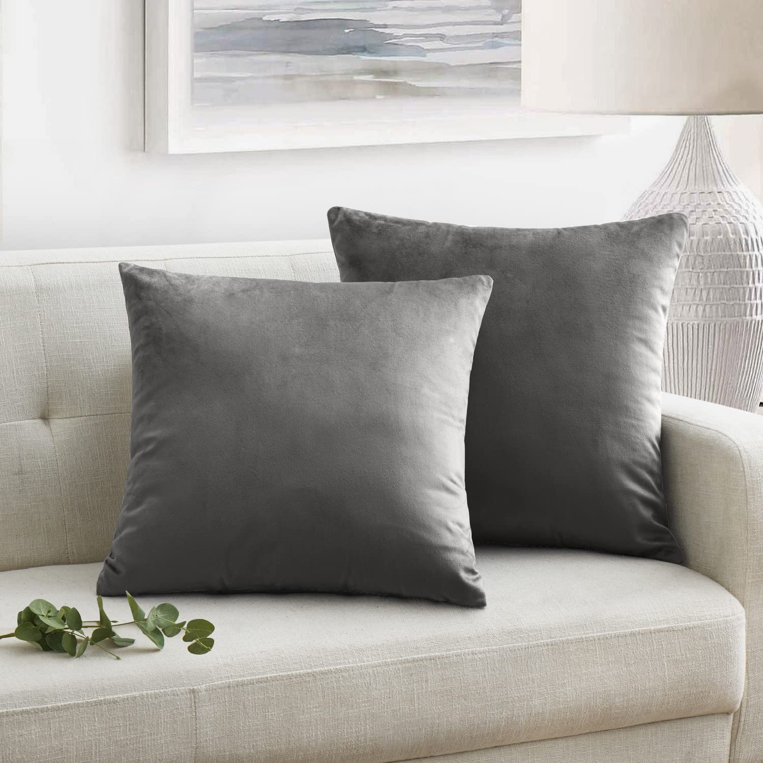 Oxford HomewareVelvet Cushion Covers 45 x 45 (Pack of 2) Square Throw Pillow Cases Soft Decorative Grey Cushion Cover for Bedroom Living Room with Invisible Zipper (18 x 18 Inch)