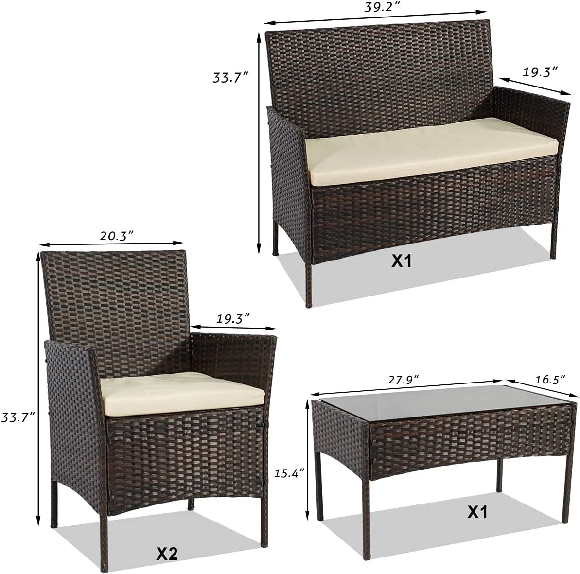 4 Pieces Outdoor Patio Rattan Furniture Sets, Wicker Outdoor Furniture Sets & Conversation Sets with Cushion, Outdoor/Indoor Rattan Wicker Chair with Coffee Table for Balcony Garden