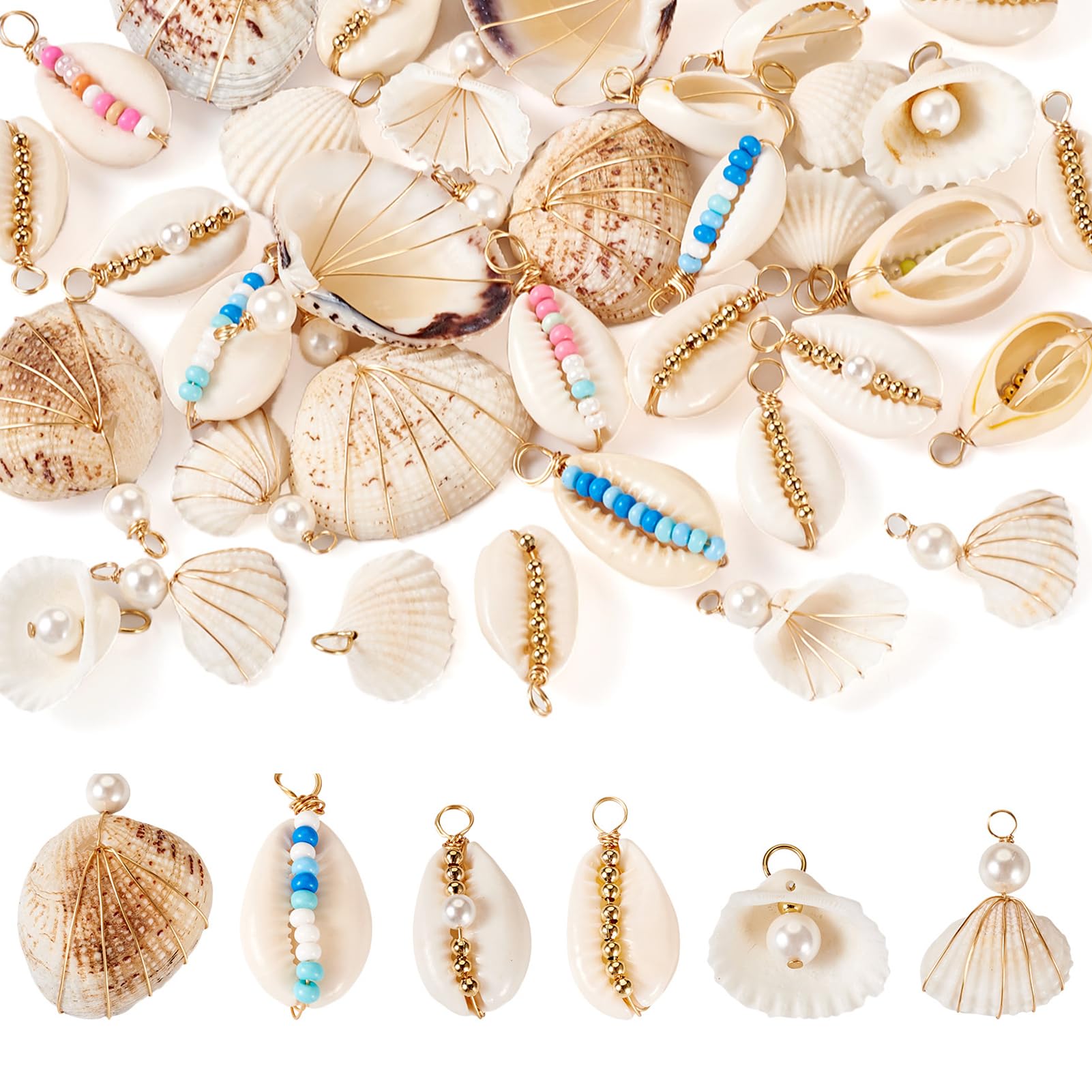 Beadthoven 36pcs Golden Natural Shell Pendants Ocean Beach Seashell Charms with Pearl Beads Wire Wrapped Clam Cowrie Shell Dangle Beads with Loop for