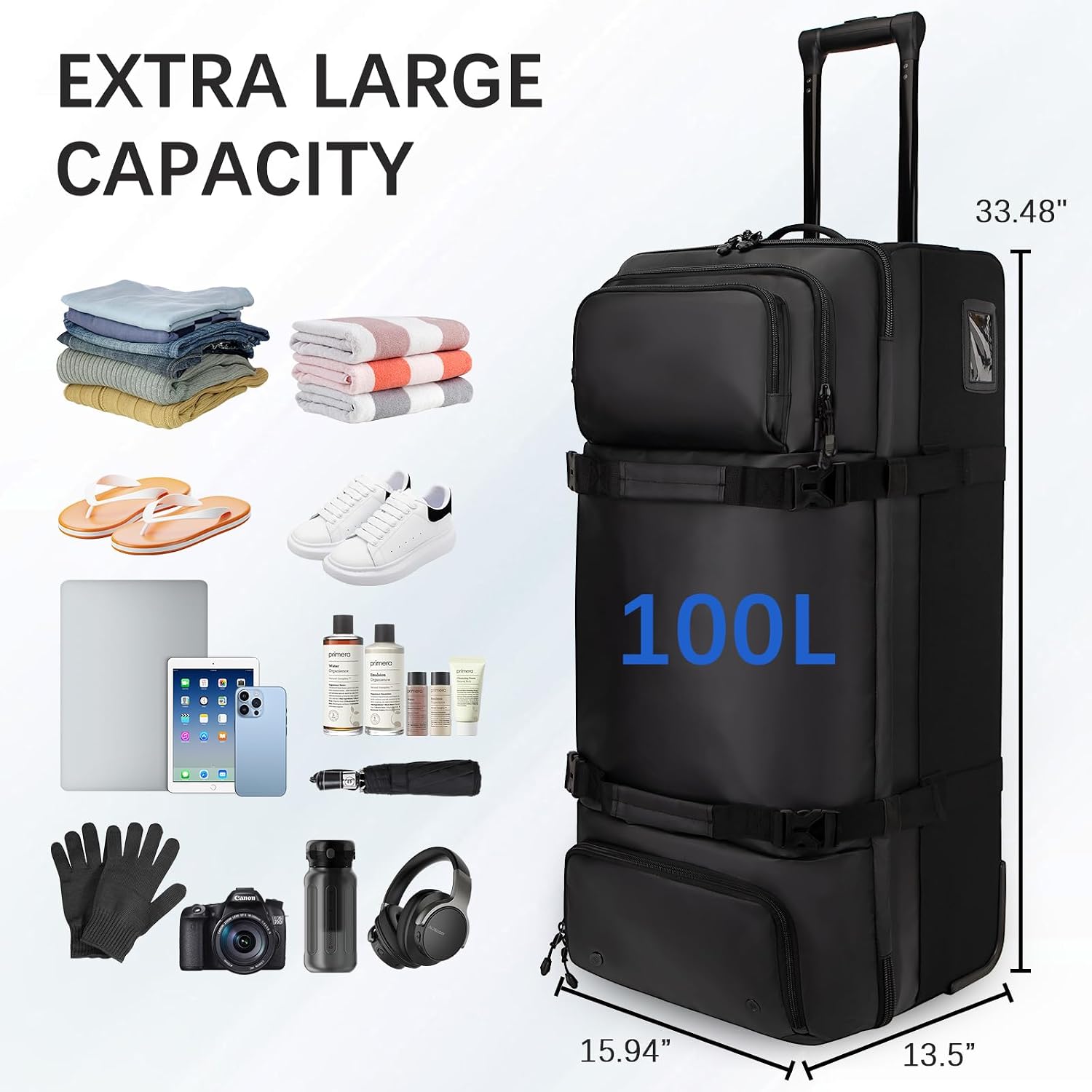 LARIPOP 33 Inch 100L Extra Large Rolling Duffle Bag with Wheels, Wet Pocket & Shoe Compartment, Heavy Duty Water Resistant Wheeled Duffel for Moving Travel Camping