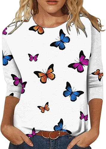 Apfopard Womens Crewneck 34 Sleeve Shirt Fitted Basic Printed Spring Fall Tunic Top T-Shirt Trendy Casual Fashion Dressy