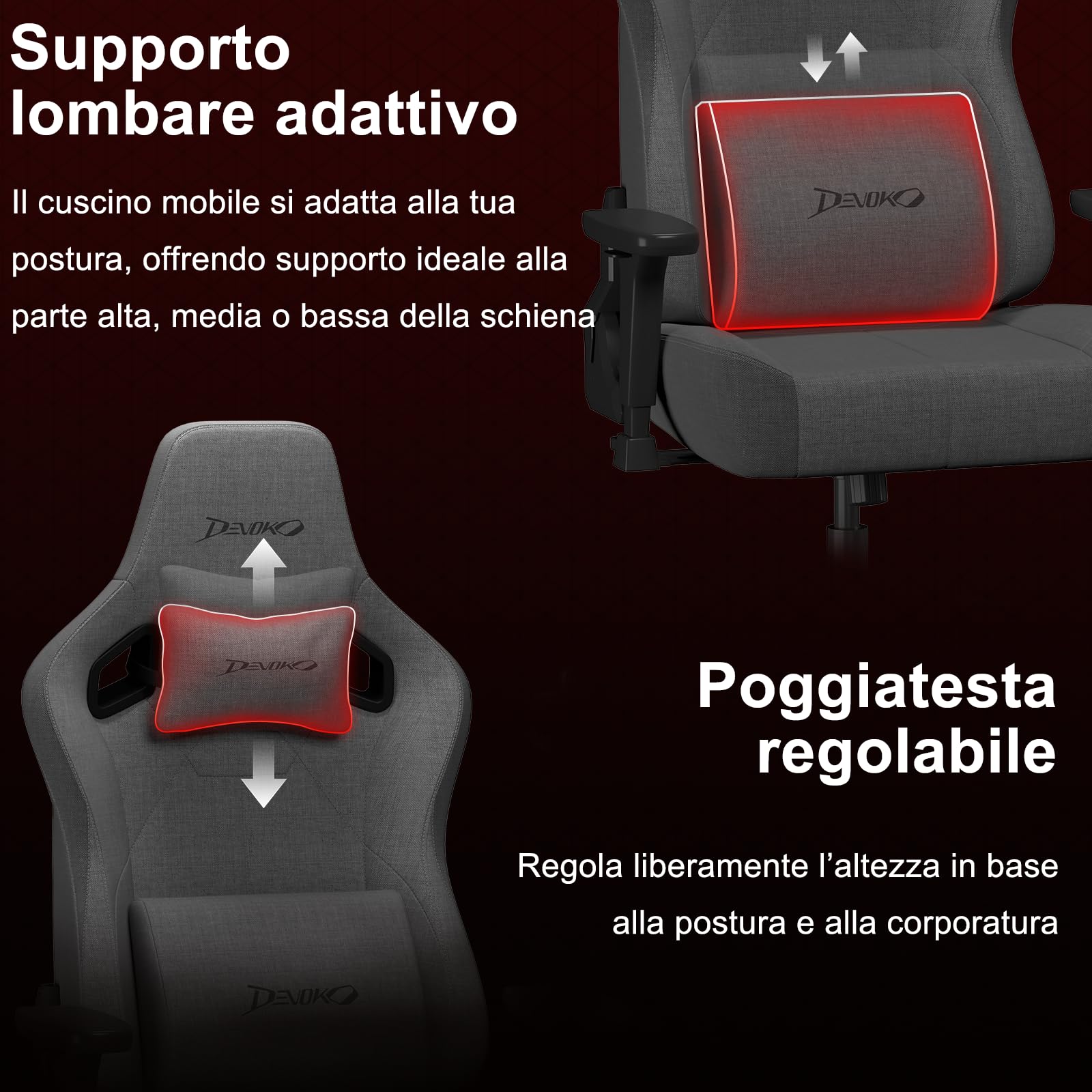 Devoko Sedia Gaming Ergonomica in Tessuto Traspirante, Schienale 90–135°, Braccioli 3D Regolabili, Supporto Lombare e Poggiatesta, Sedia Ufficio Gaming per Adulti, Grigio Scuro