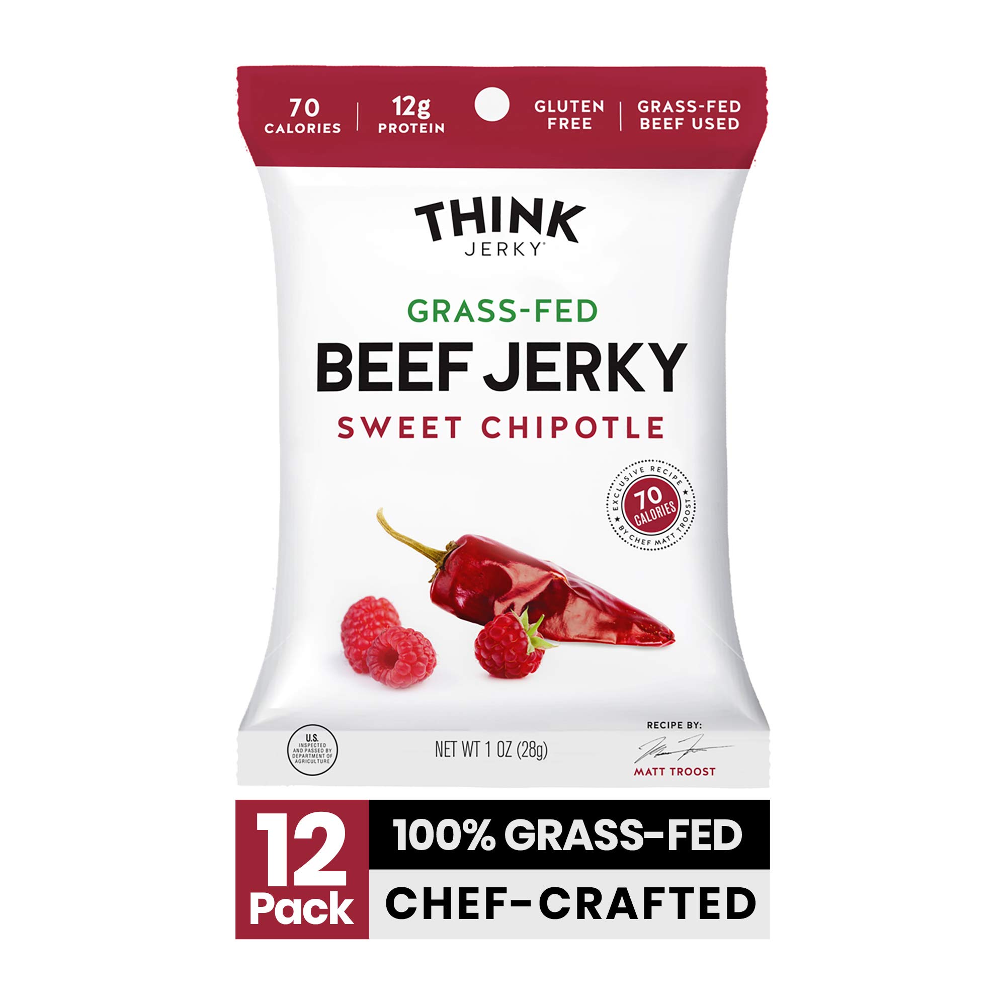 Sweet Chipotle Beef Jerky by Think Jerky — Delicious Chef Crafted Jerky — Grass-Fed Beef Free of Gluten, Antibiotics and Nitrates — Healthy Protein Snack Low in Calories and Fat — 1 Ounce (12 Pack)