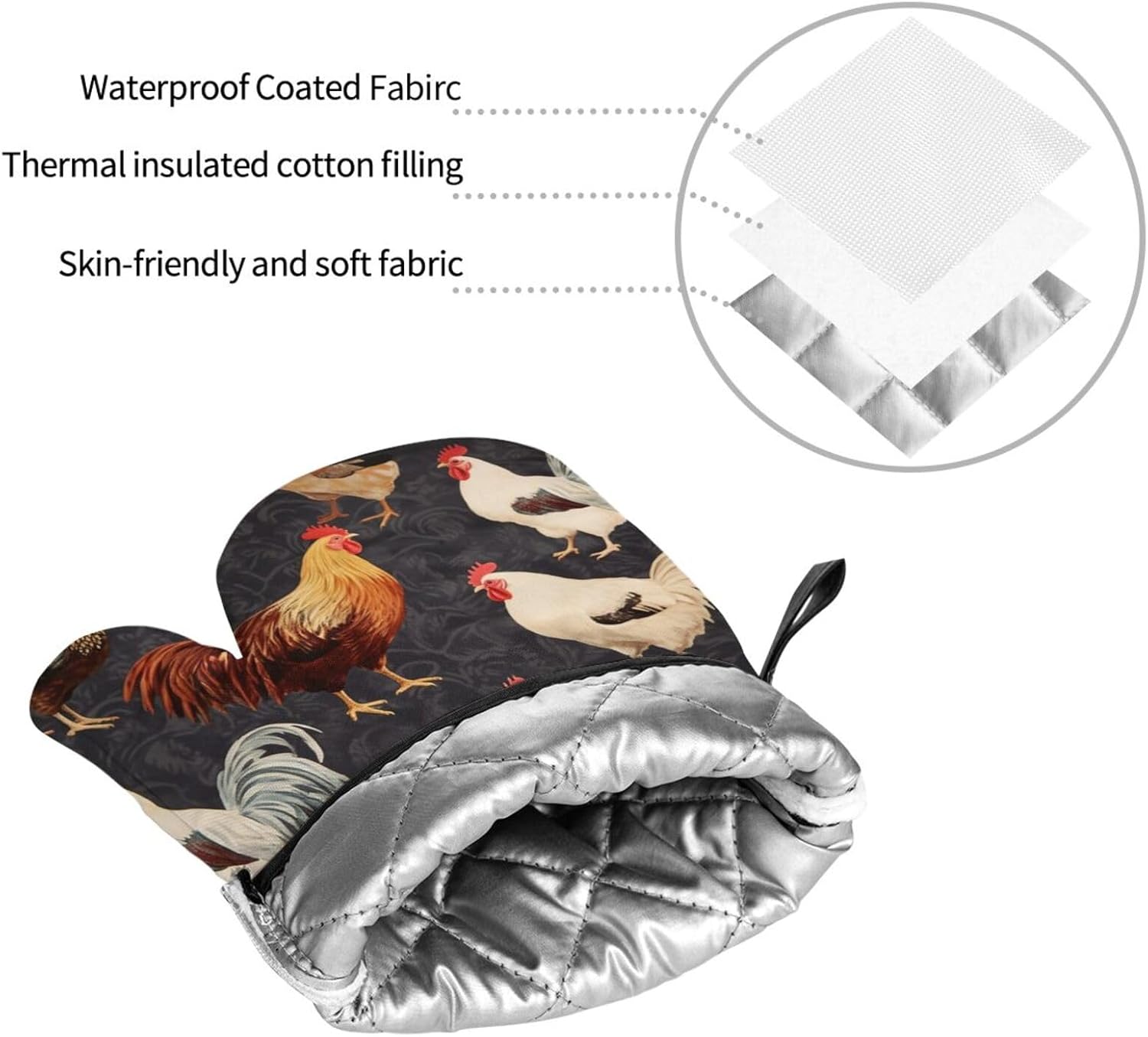 (French Roosters) Baking 4-Piece Set: 2 Oven Mitts and 2 Pot Holders Heat Resistant Waterproof Hanging Loop for Kitchen Oven Grill Housewarming Gifts