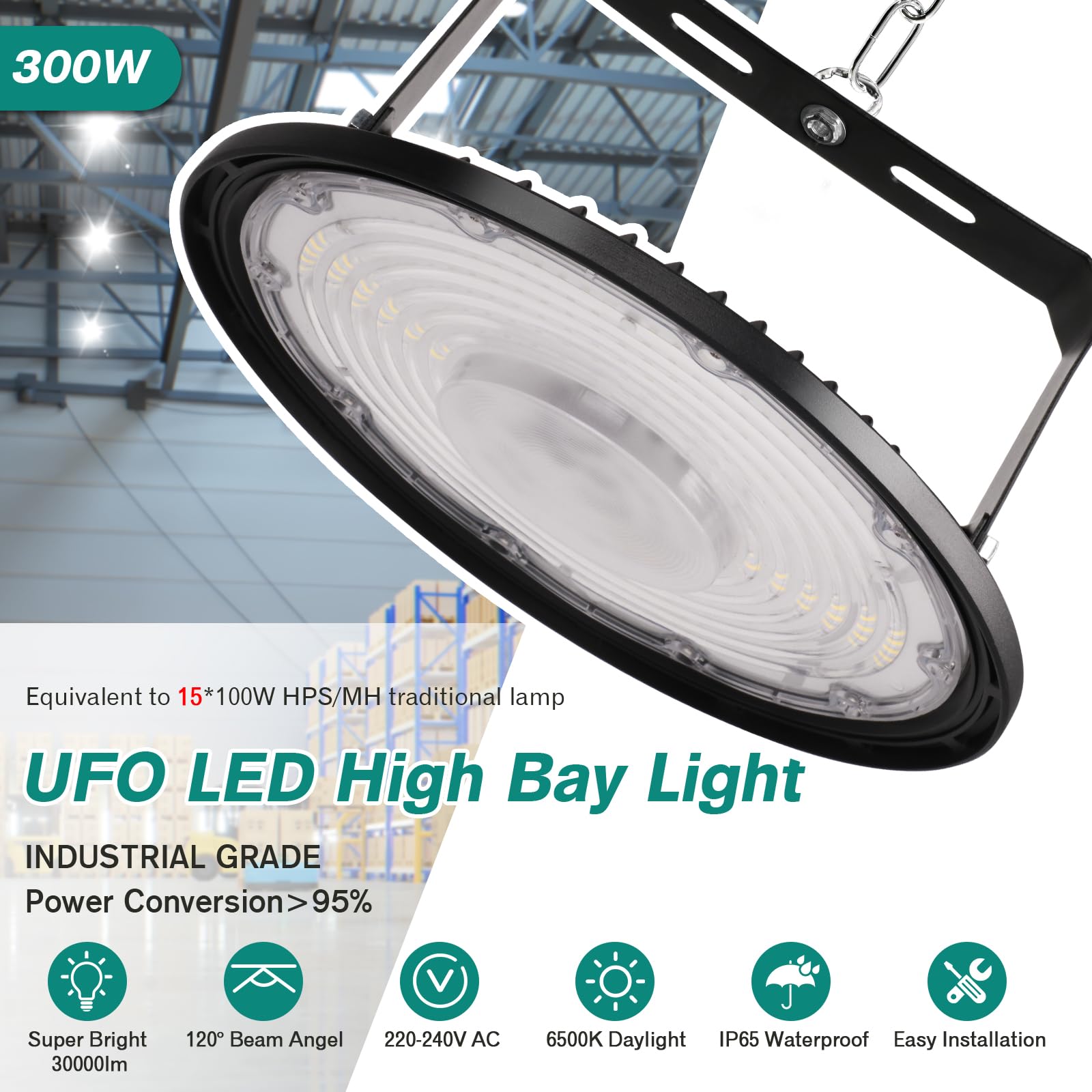 Fosingut 300W Industrial LED Floodlight,30000LM High Bay Spot Light Workshop Lighting,Cool White 6500K IP65 Waterproof UFO Ceiling Light LED Interior Chandelier for Warehouse,Factory,Hall,Gym - Image 2