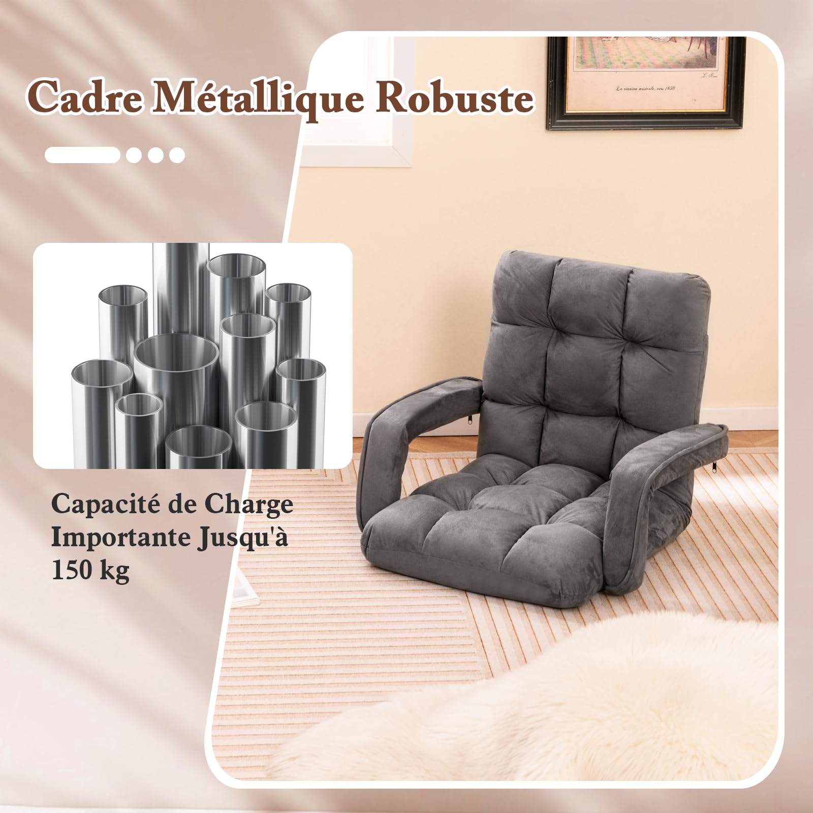 COSTWAY Canapé Paresseux Tatami Pliable, Fauteuil de Sol Réglable, Chaise de Plancher Inclinable, Siège de Sol pour Maison, Bureau, 108 x 64 x 13 cm (Gris)