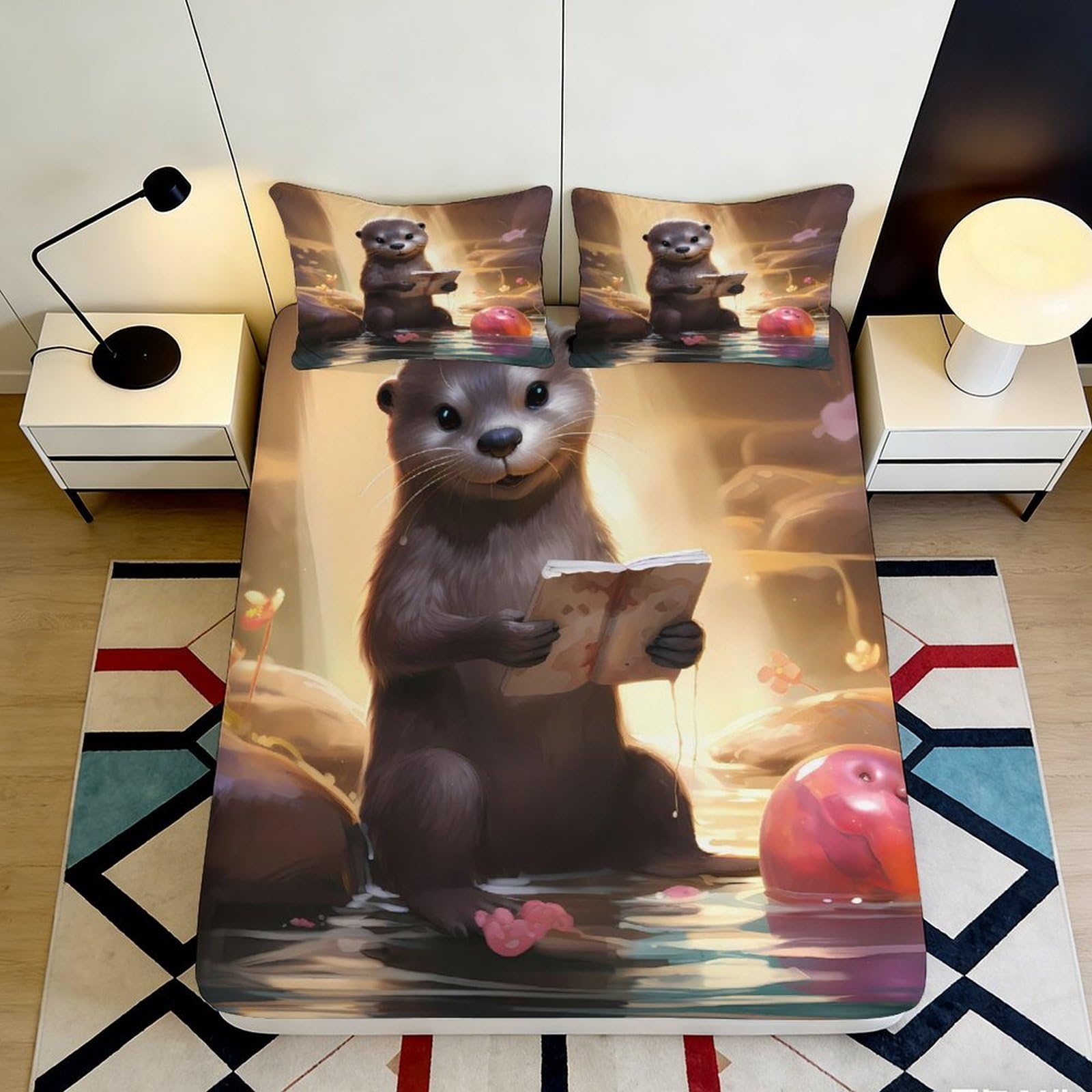3D Printed Cartoon Otter Fitted Sheet Microfiber Soft Animal Forest Mattress Cover for Bedroom Dorm Mattress Decor 90x200x25cm