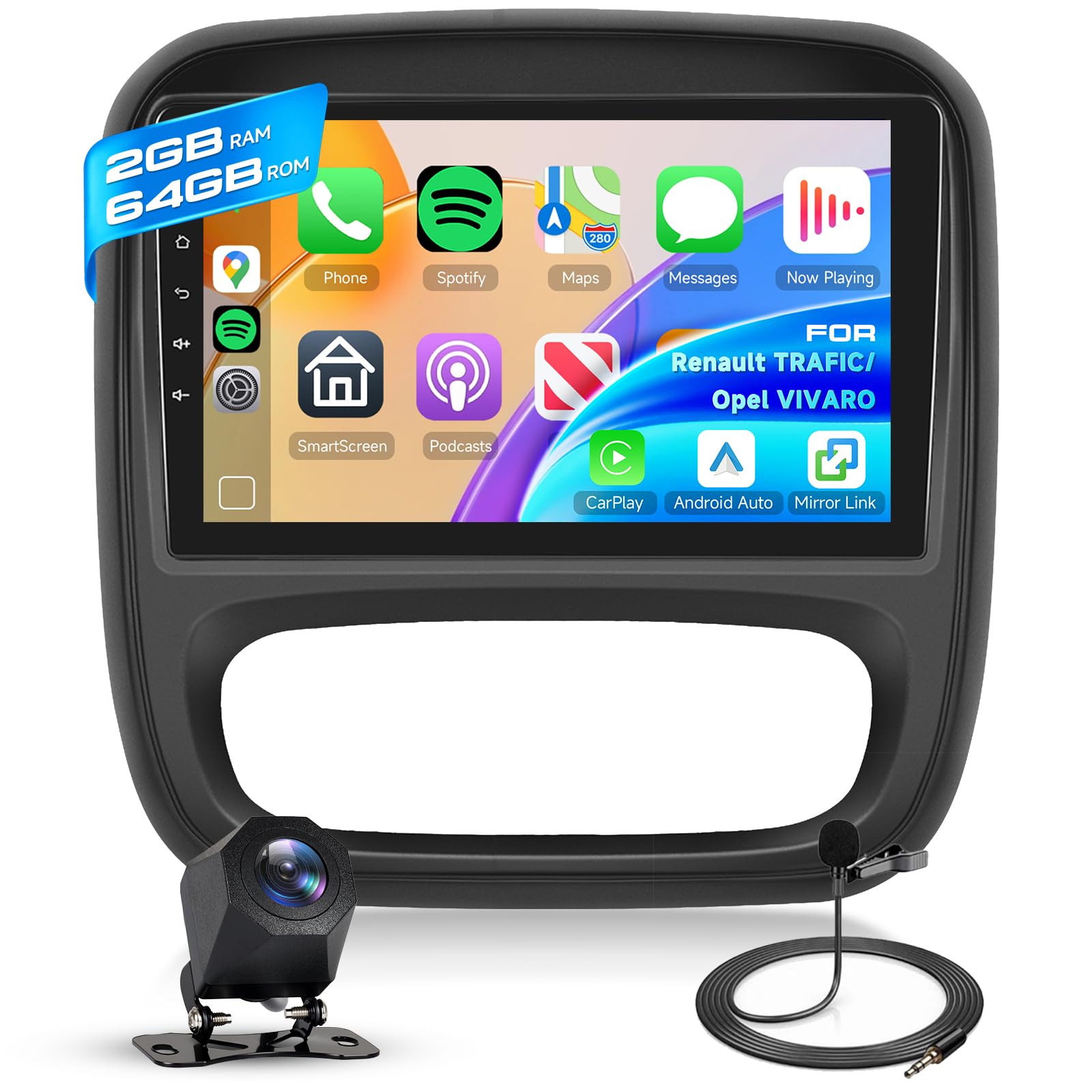 Hodozzy 2G+64GB Android Autoradio für Opel Vivaro B 2014-2018/ Renault Traffic 3 2014-2021 Wireless Carplay Android Auto, Radio 9 Zoll Touchscreen mit Navi WiFi Bluetooth FM RDS mit Rückfahrkamera