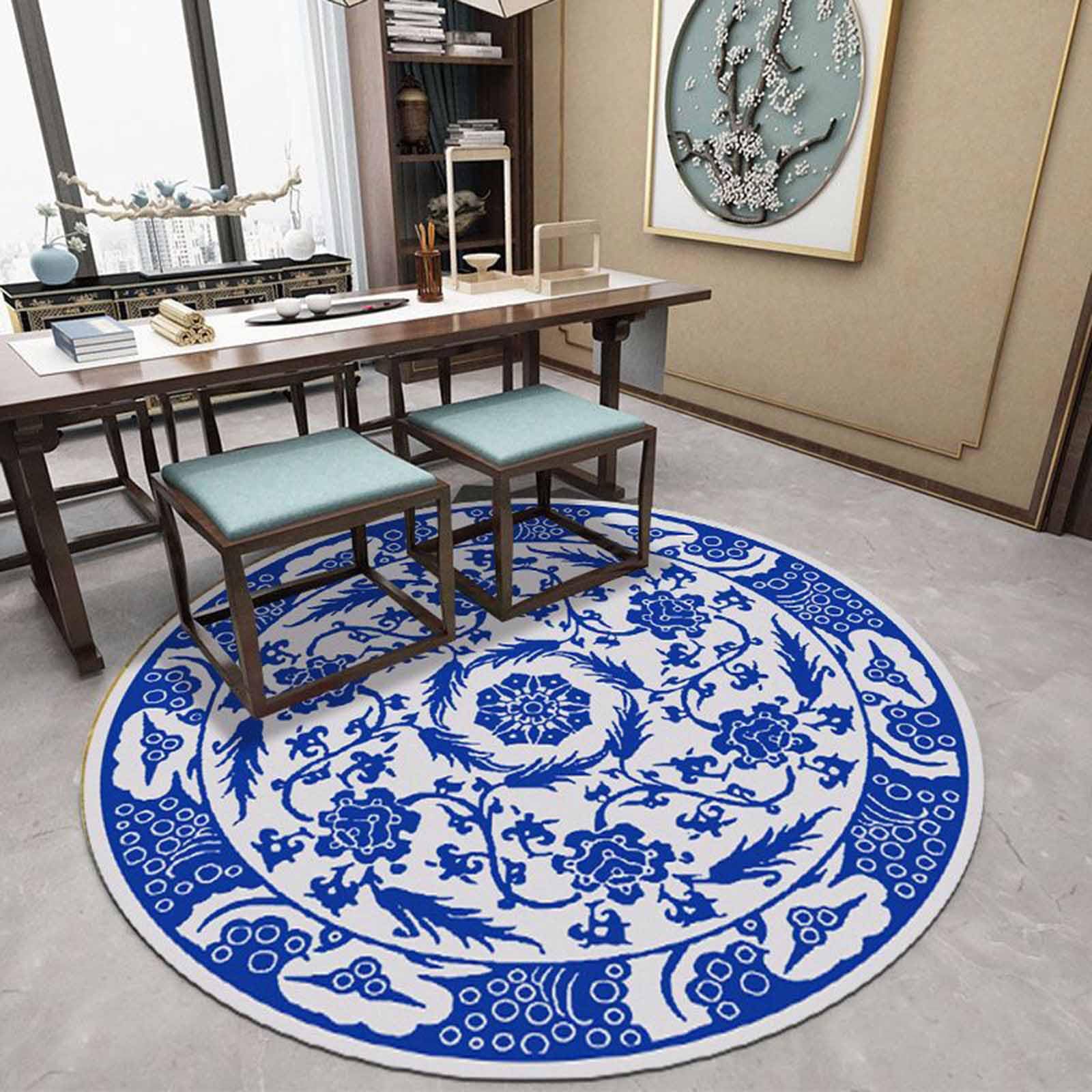 Tapis Ronds Gris Bleu pour Chambre à Coucher Chevet Salon Tapis orientaux Classiques de Luxe 60cm 80cm 100cm 120cm 140cm 160cm 180cm 200cm