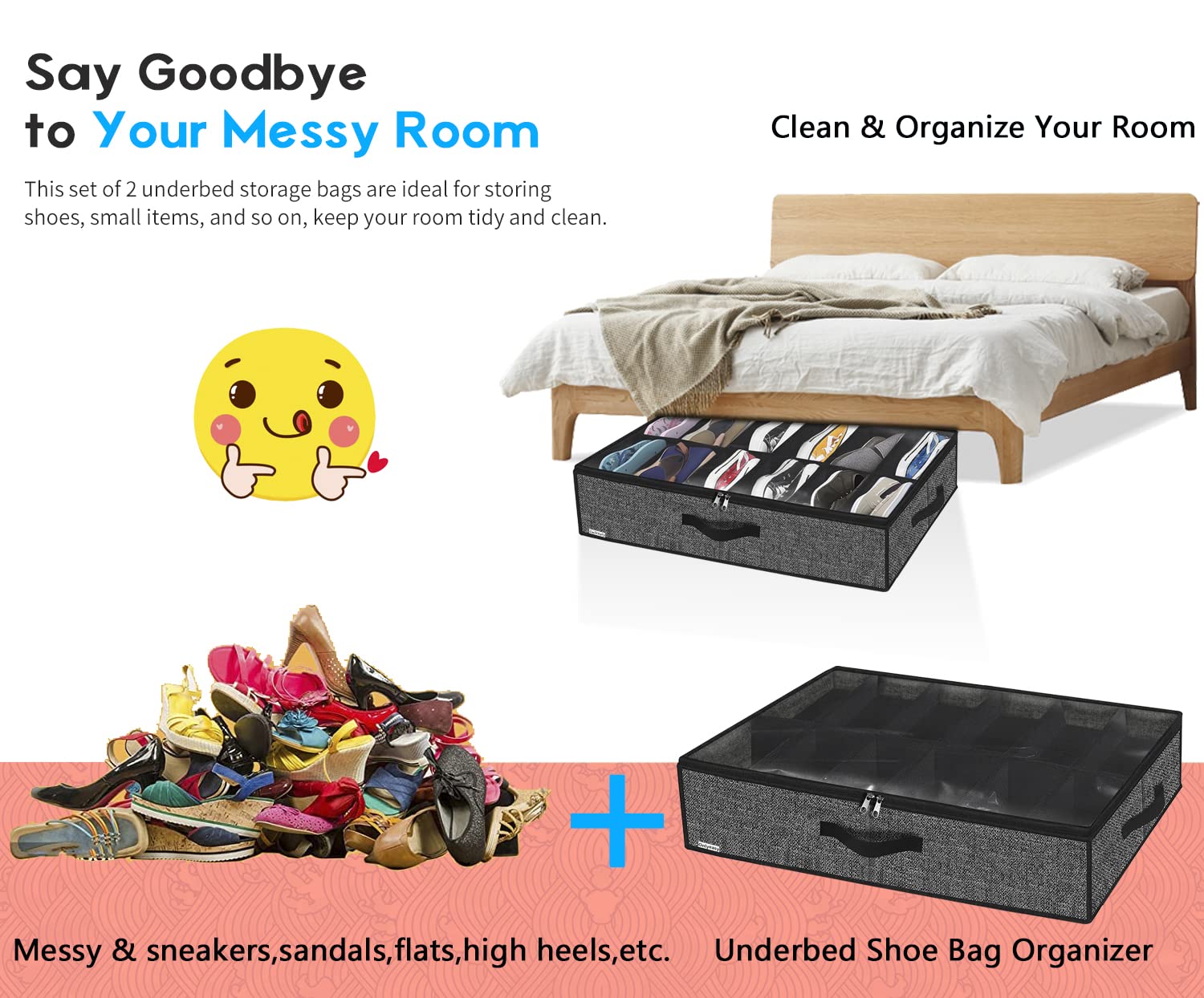 homyfort Juego de 2 Organizador de Zapatos Debajo de la Cama - Titular, Bolsas con Tapa Transparente 12 Pares x 2 Caja Plegable de Almacenaje, Negro Lino, XAUBSB2P