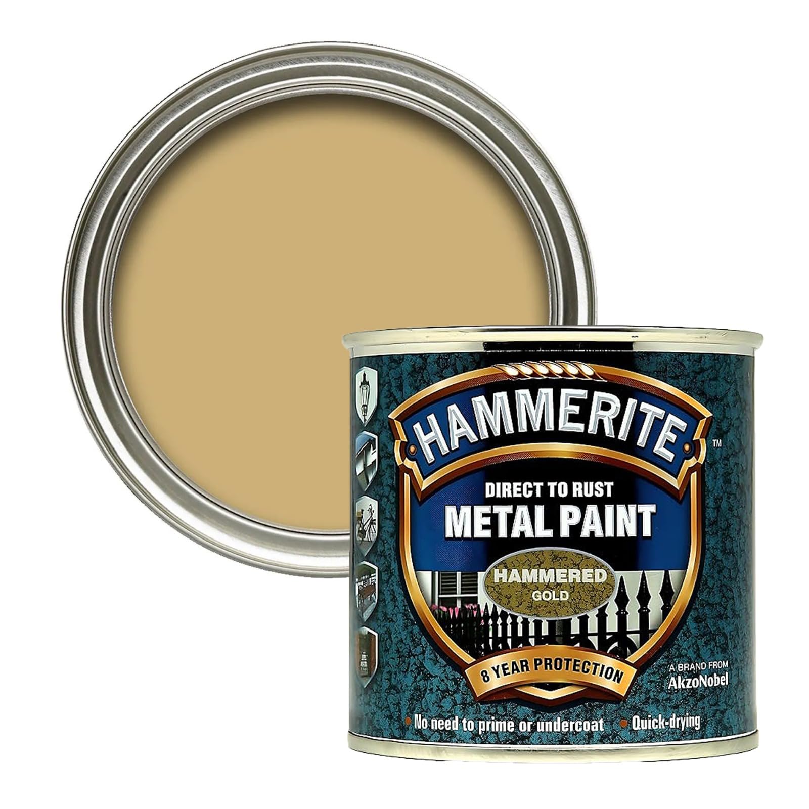 Hammerite Hammered Effect Metal Paint, Multi-Surface Direct to Rust Paint, Interior & Exterior, Quick Dry, Durable Protective Finish for Railings, Doors & Furniture, 250ml (Gold, 1 Set Of Tin)