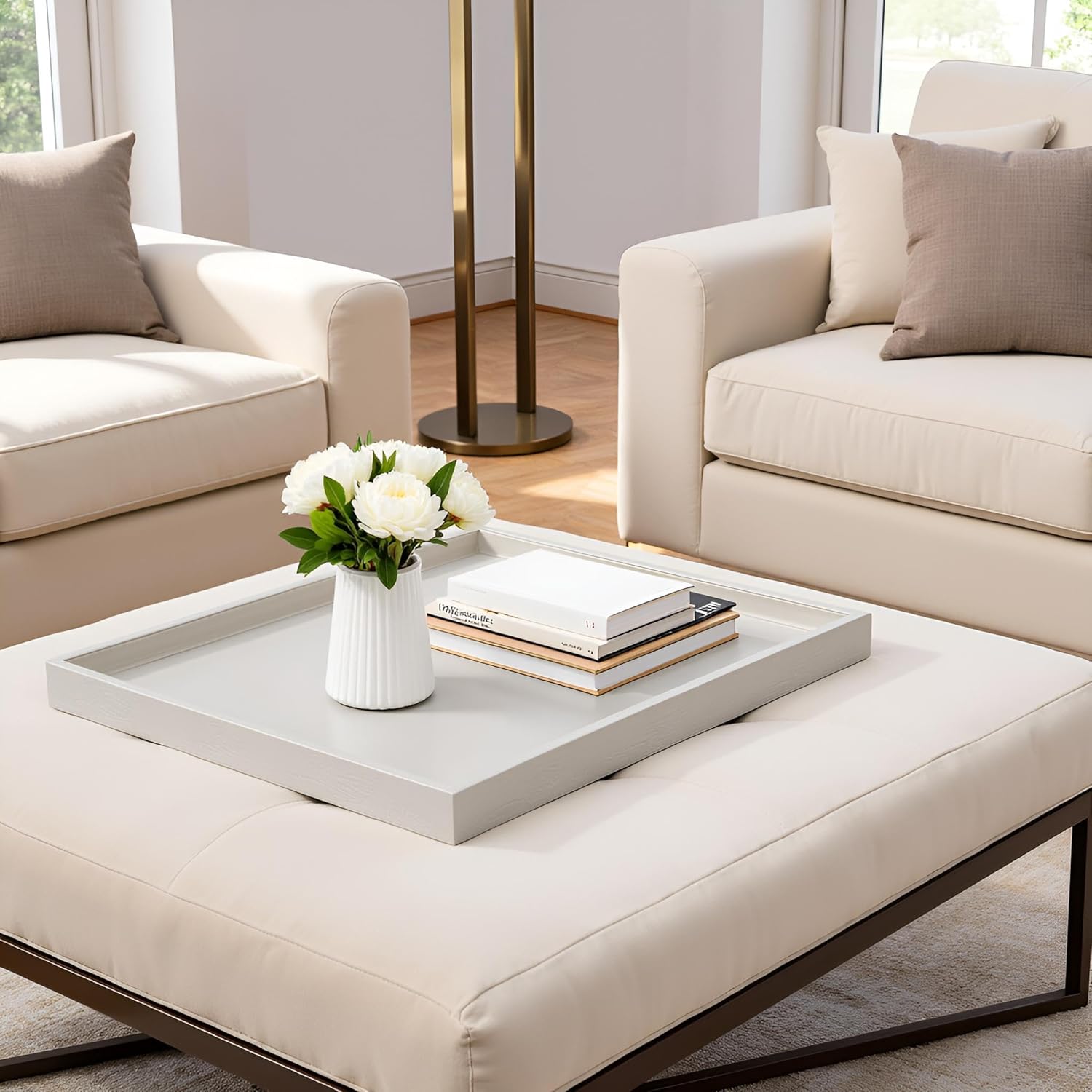 25 x 25 inches Luxury Leather Square Oversized Service Tray, Ottoman & Coffee Tray for Family Dinner, Out-of-House Picnic & Party (25 inch Beige)