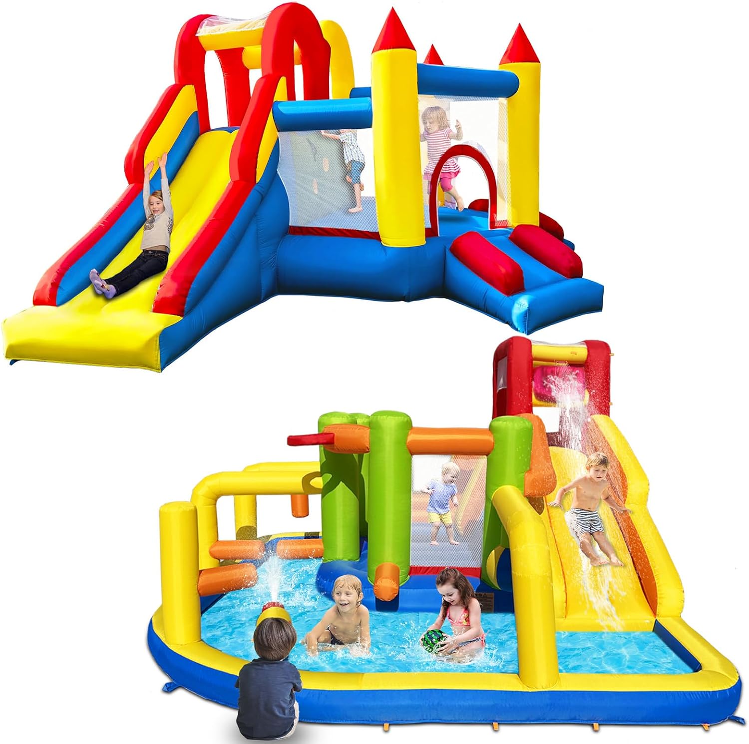 Bounce House with Ultra-Wide Climbing Wall + Inflatable Obstacle Bounce House,Kids Bounce House Water Park with Water Slides