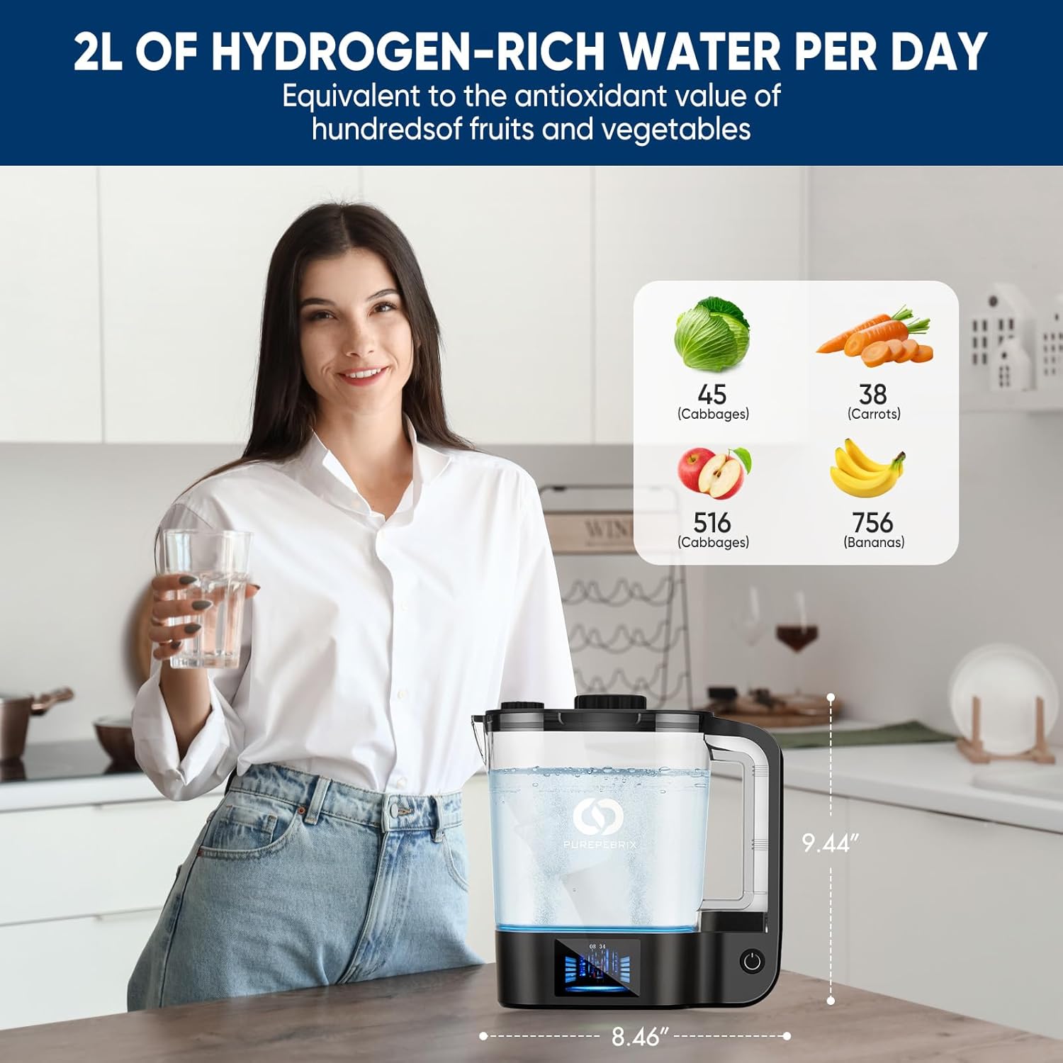 2025 Desktop Hydrogen Water Bottle Generator, 72 Ounces Hydrogen Water Ionizer Pitcher Generator Machine with PEM+SPE Concentrator Technology, Hydrogen Content up to 3000 PPB (1, 72 OZ)