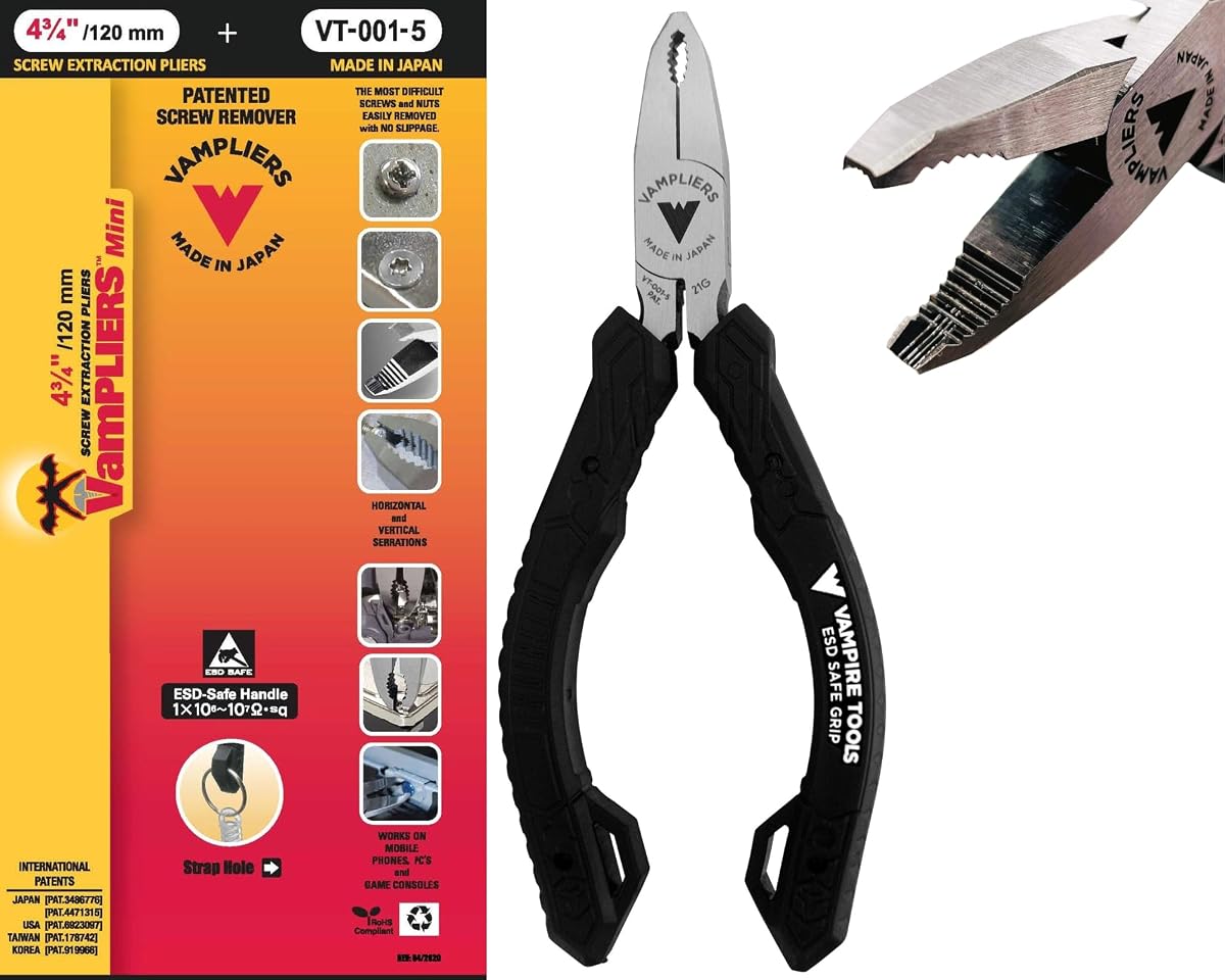 VAMPLIERS Mini alicates extractores de tornillos M2 pelados de 5" Mangos TPR seguros ESD