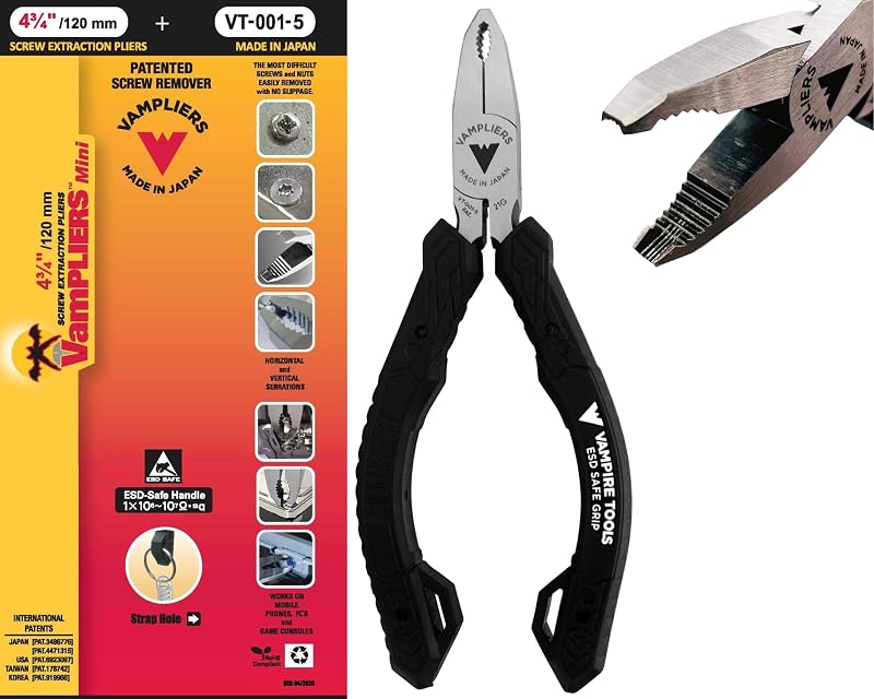 VAMPLIERS Mini alicates extractores de tornillos M2 pelados de 5" Mangos TPR seguros ESD