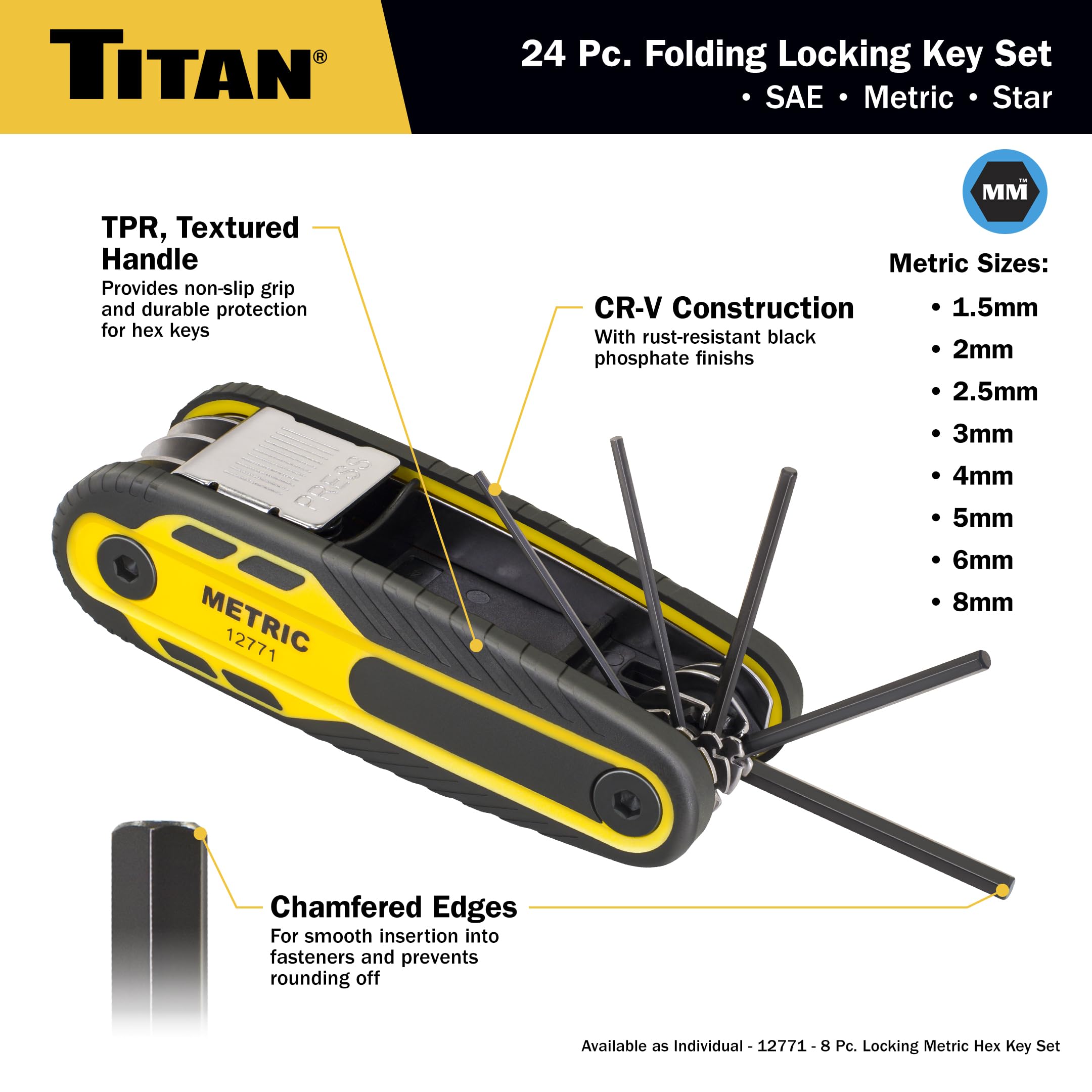 Titan 12773 Lot de 24 clés hexagonales pliantes à verrouillage métrique